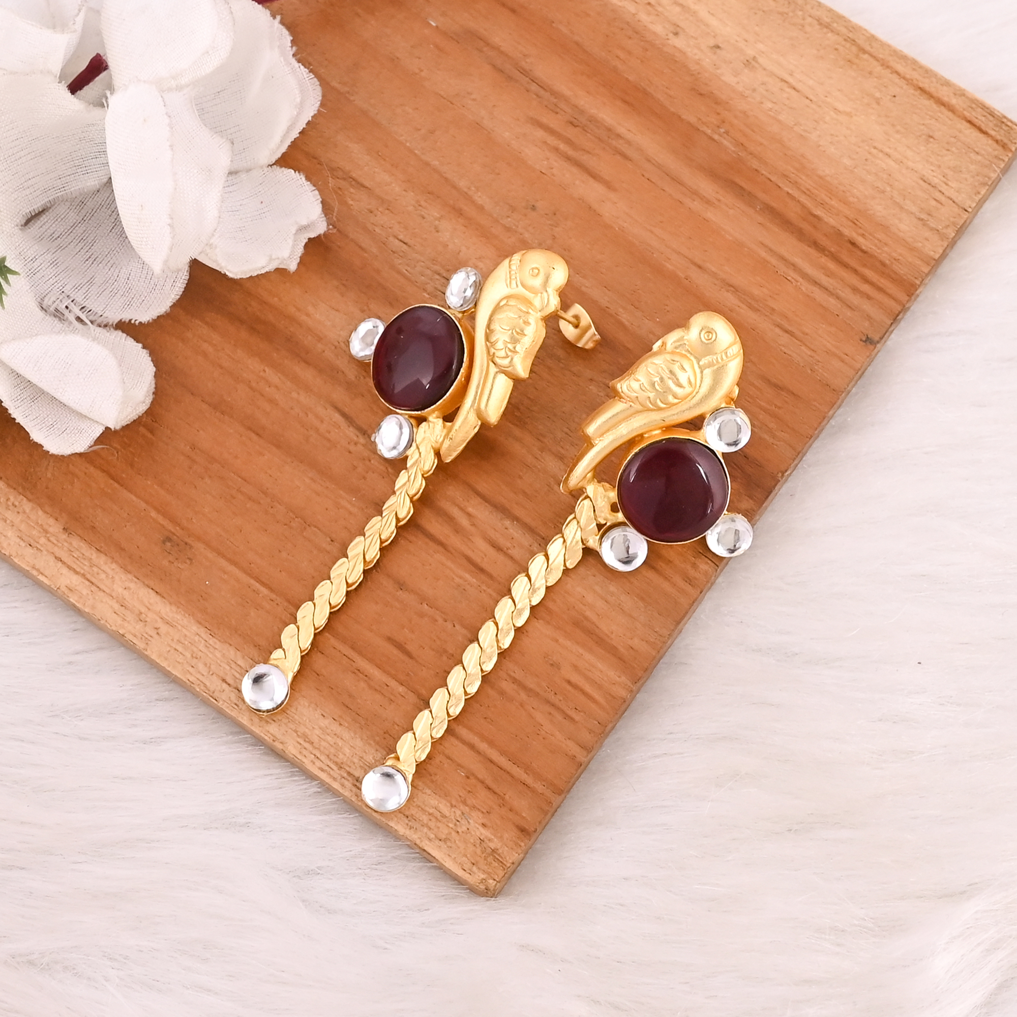 Garnet Hydro  Polki Stone Drop Earrings Gold Plated Handmade Brass Jewelry for Women
