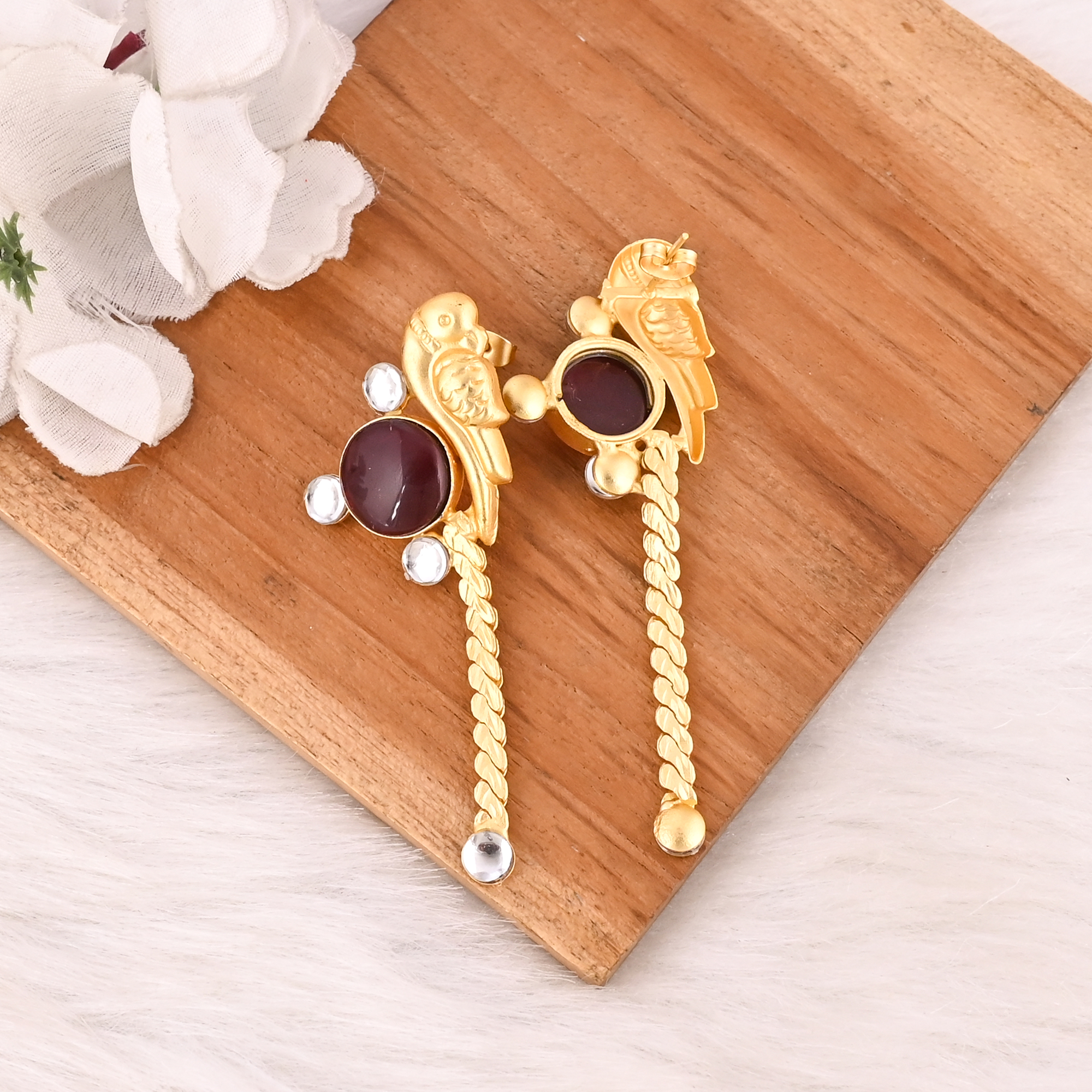 Garnet Hydro  Polki Stone Drop Earrings Gold Plated Handmade Brass Jewelry for Women