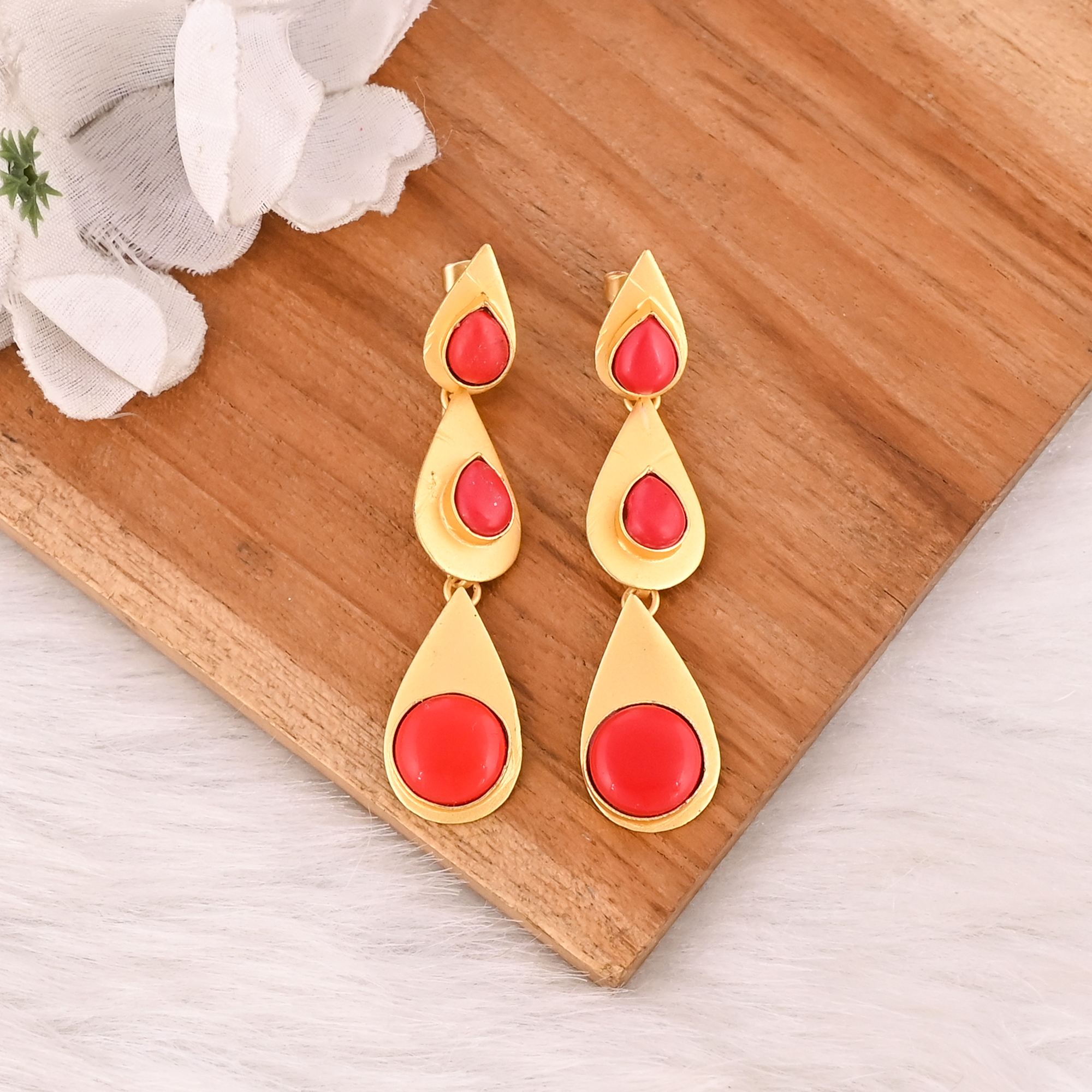 Natural Red Coral Brass Gold Plated Drop Earrings Trendy Handmade Jewelry for Women