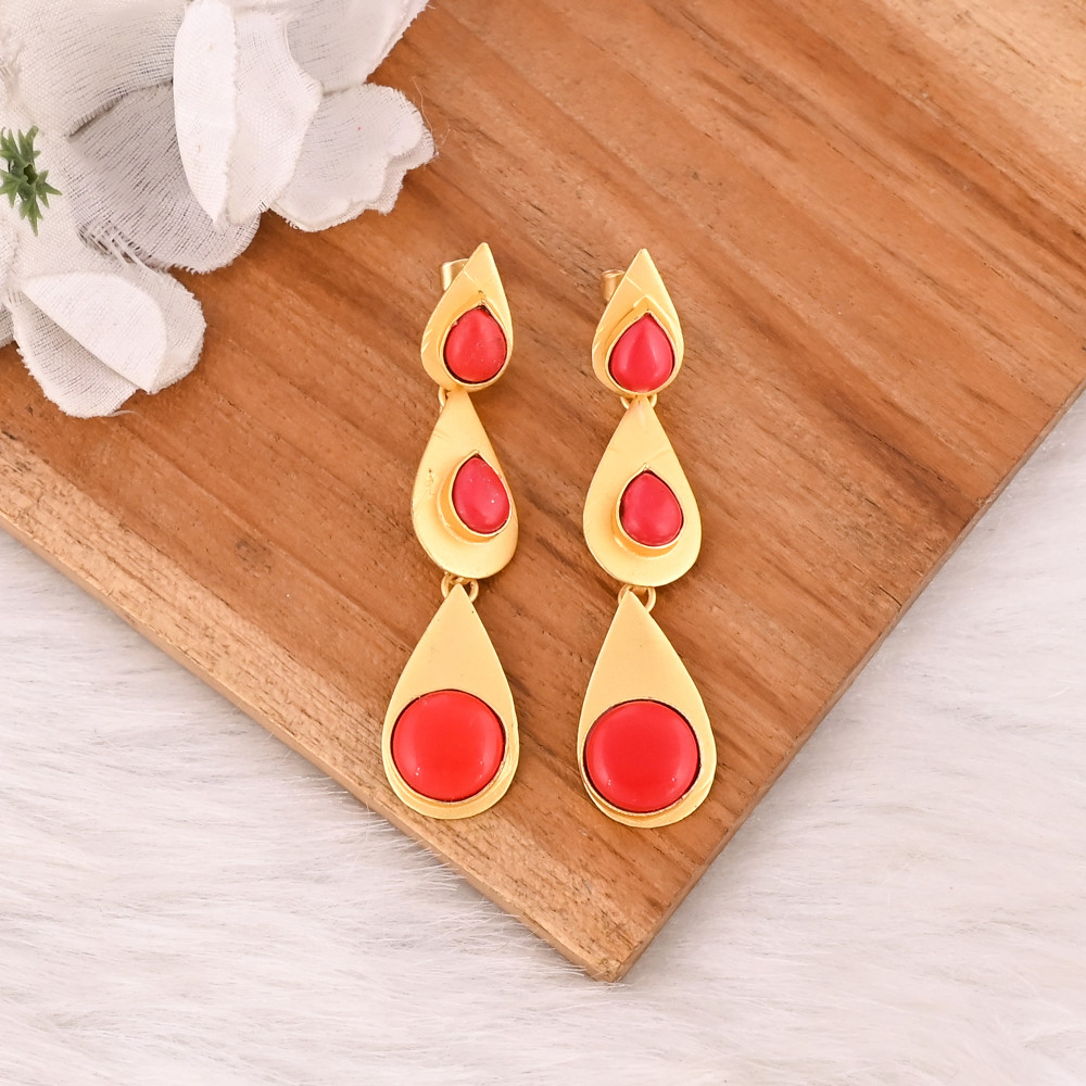 Image of Natural Red Coral Brass Gold Plated Drop Earrings Trendy Handmade Jewelry for Women