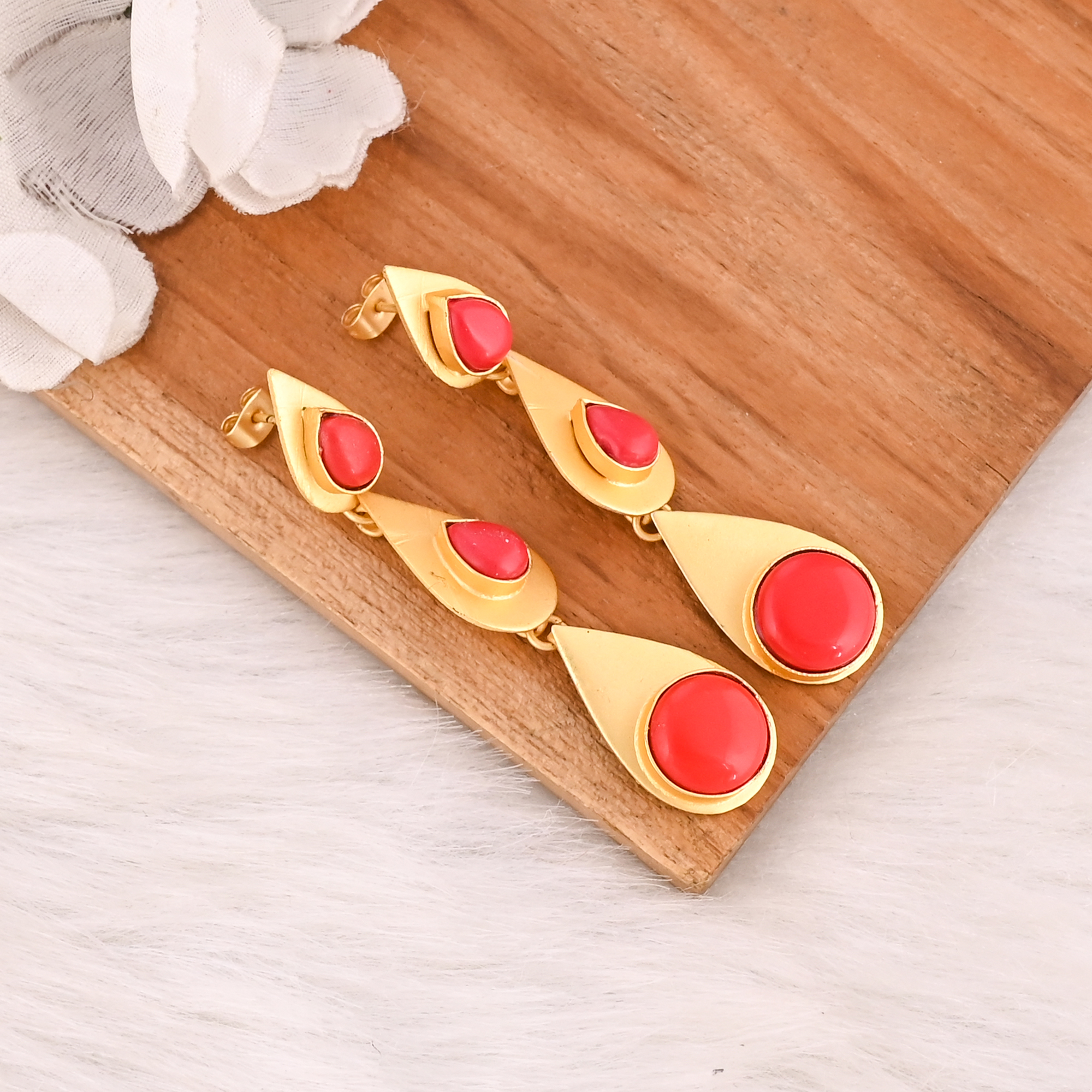 Natural Red Coral Brass Gold Plated Drop Earrings Trendy Handmade Jewelry for Women