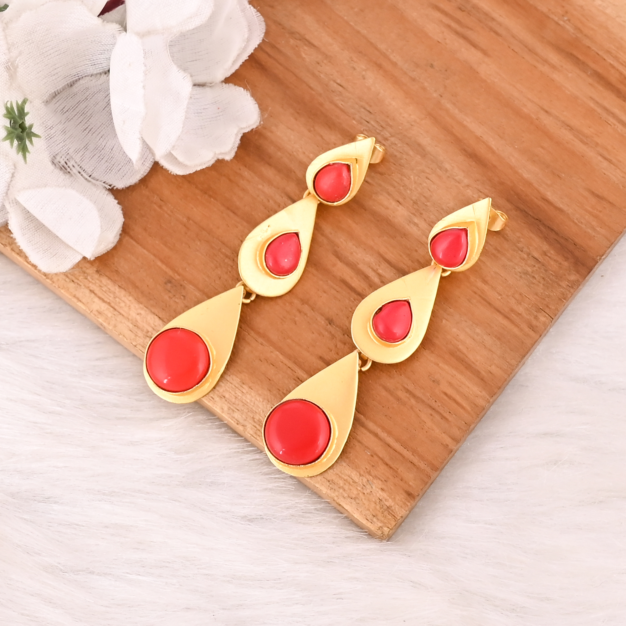 Natural Red Coral Brass Gold Plated Drop Earrings Trendy Handmade Jewelry for Women