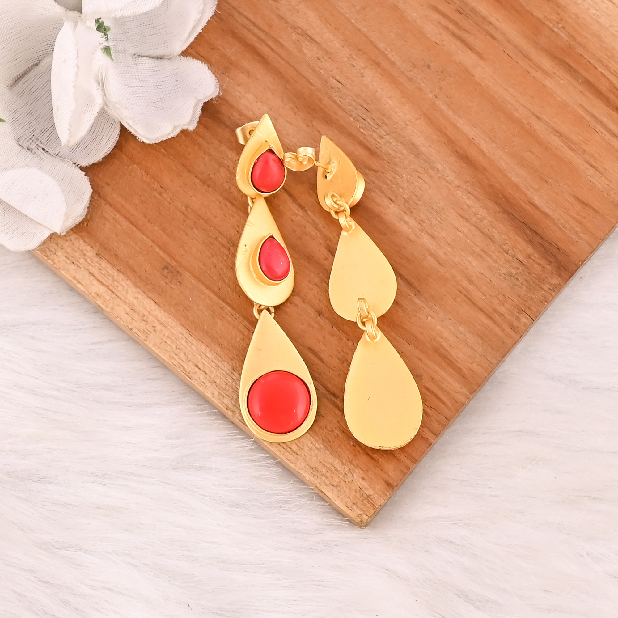 Natural Red Coral Brass Gold Plated Drop Earrings Trendy Handmade Jewelry for Women