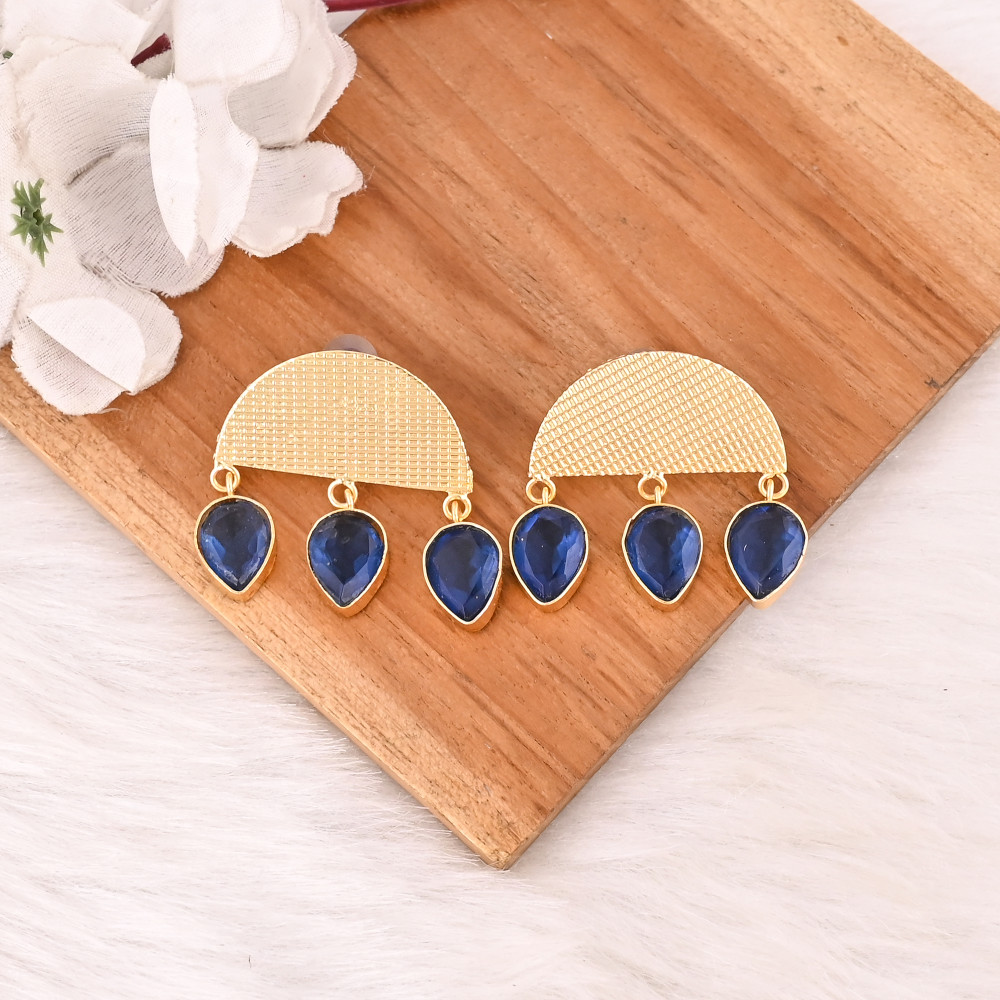 Image of Elegant Gold Plated Blue Hydro Gemstone Brass Earring Handmade Fashion Jewelry for Women Gift