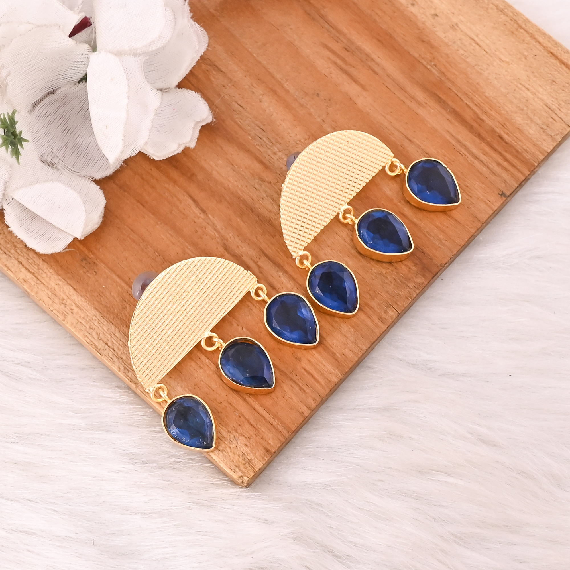 Elegant Gold Plated Blue Hydro Gemstone Brass Earring Handmade Fashion Jewelry for Women Gift