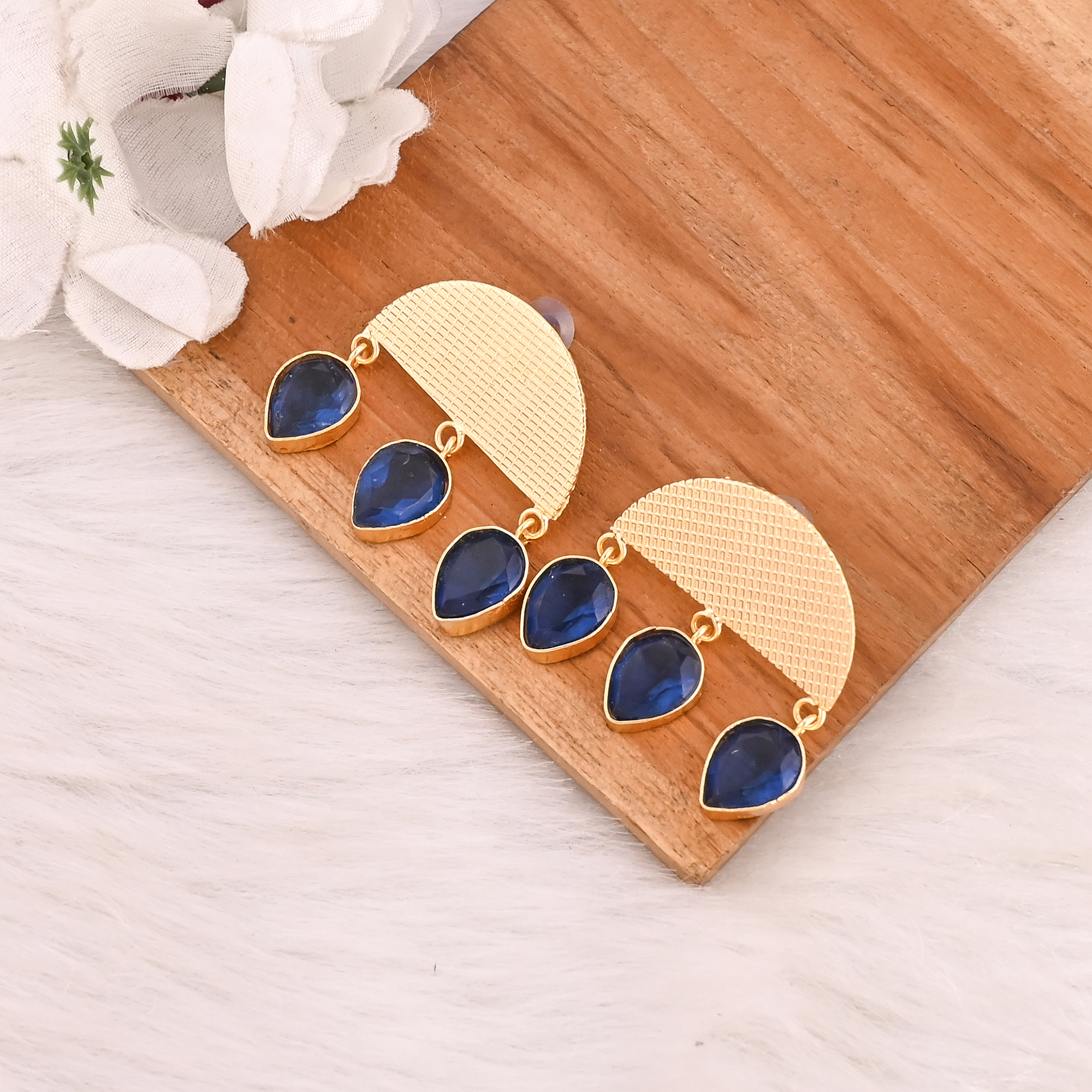 Elegant Gold Plated Blue Hydro Gemstone Brass Earring Handmade Fashion Jewelry for Women Gift
