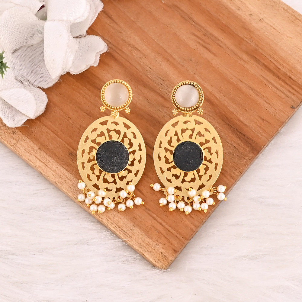 Image of Handmade White Cat'seye &amp; Black Onyx &amp; Pearl Gemstone Gold Plated Brass Earrings Fashion Jewelry for Women