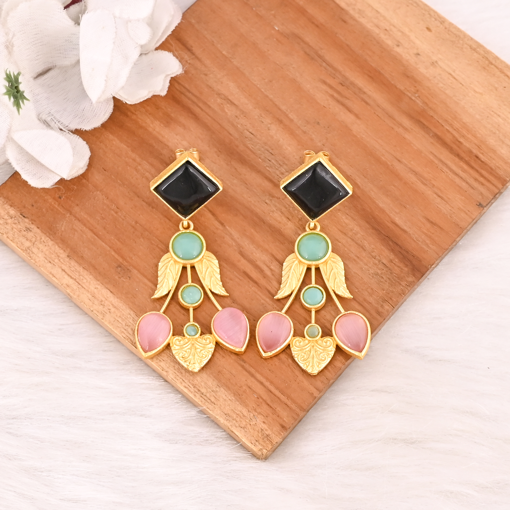 Elegant Pink Cats Eye  Black Onyx  Aqua Chalcedony Gemstone Earrings Gold Plated Brass Fashion Jewelry for Women