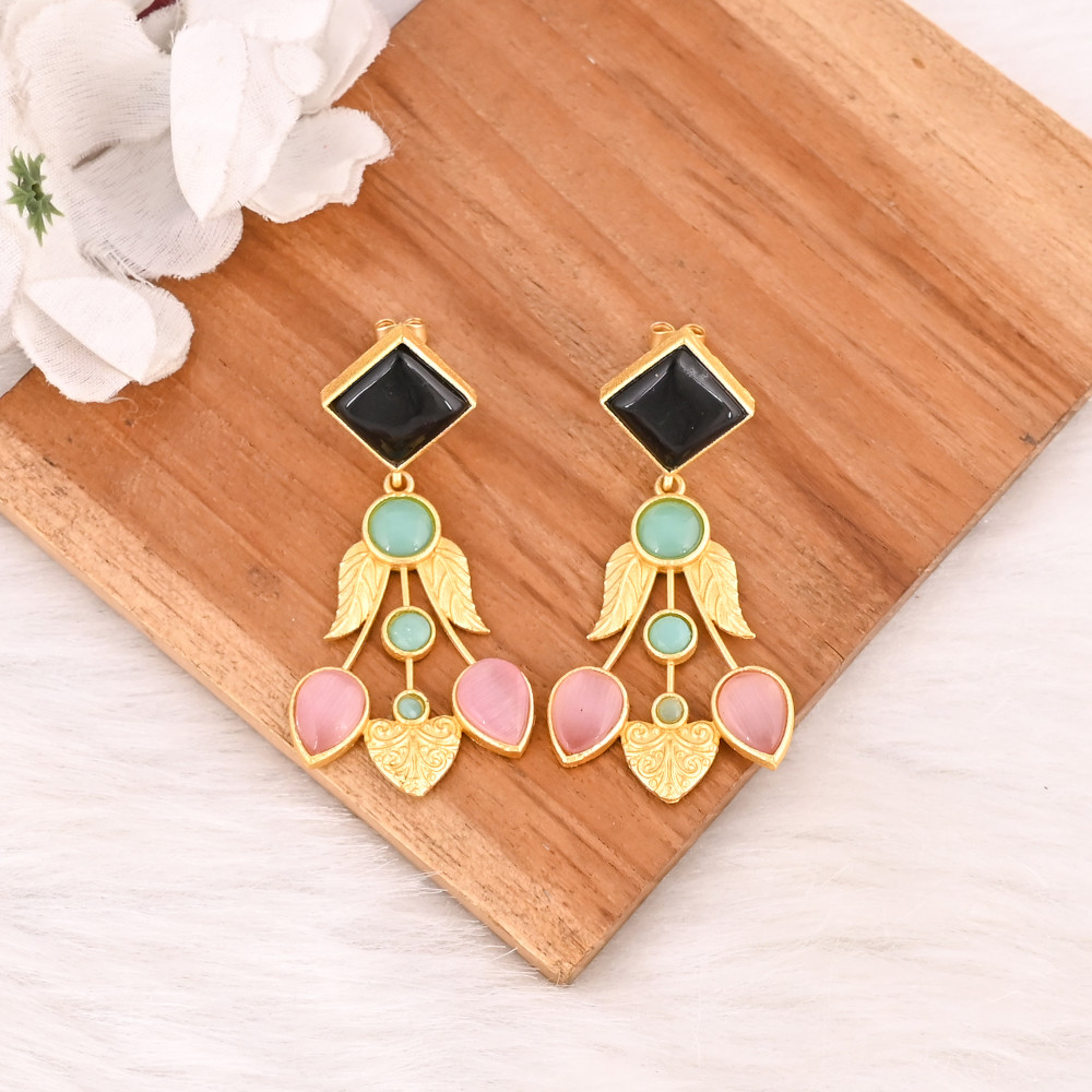 Image of Elegant Pink Cat's Eye &amp; Black Onyx &amp; Aqua Chalcedony Gemstone Earrings Gold Plated Brass Fashion Jewelry for Women
