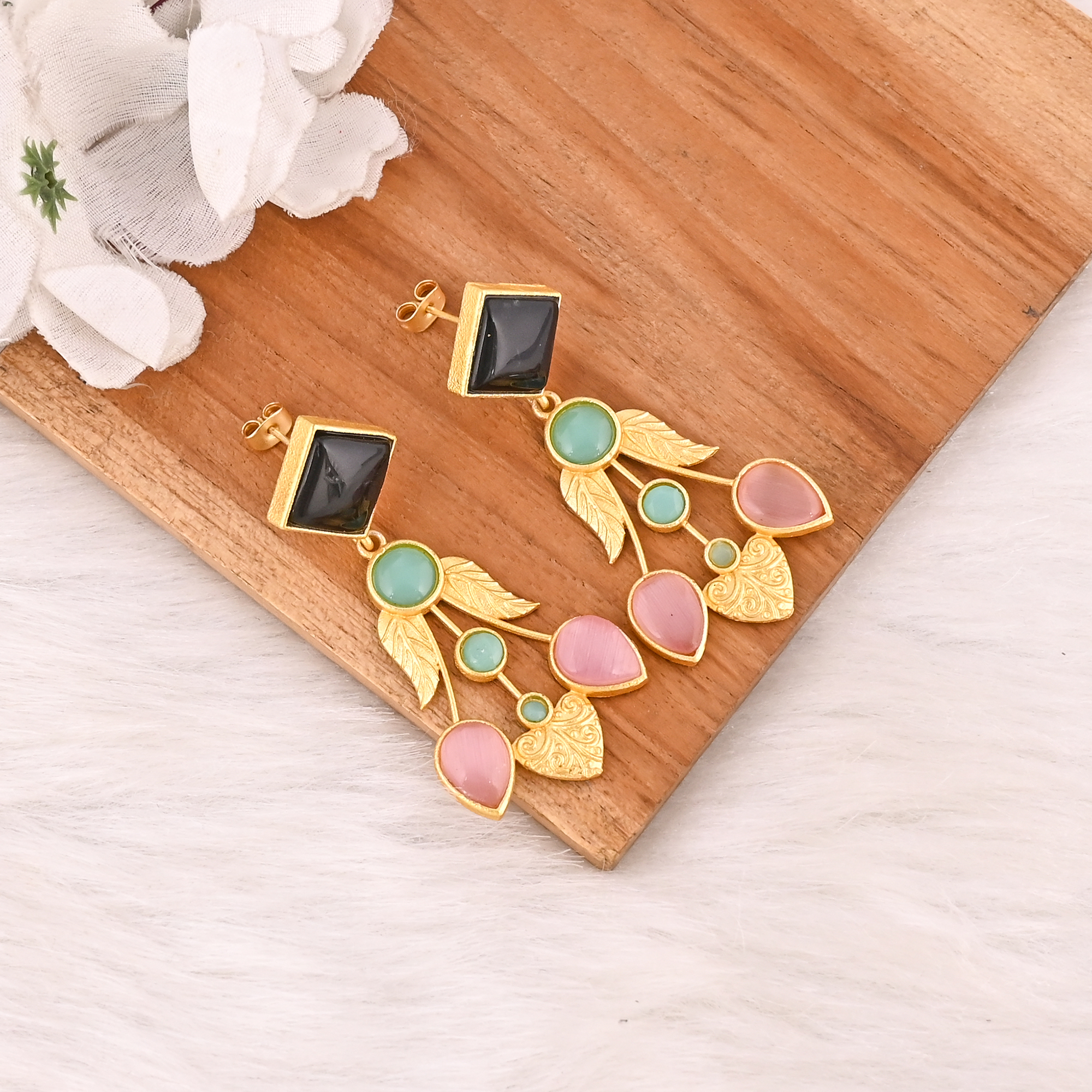Elegant Pink Cats Eye  Black Onyx  Aqua Chalcedony Gemstone Earrings Gold Plated Brass Fashion Jewelry for Women