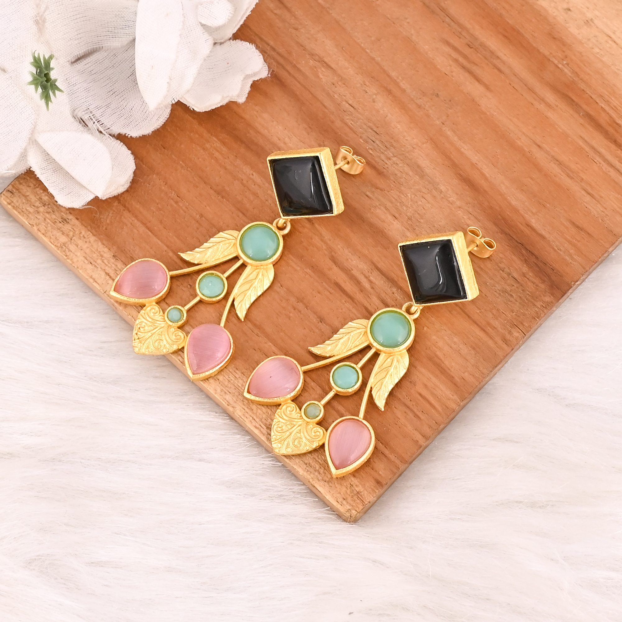 Elegant Pink Cats Eye  Black Onyx  Aqua Chalcedony Gemstone Earrings Gold Plated Brass Fashion Jewelry for Women