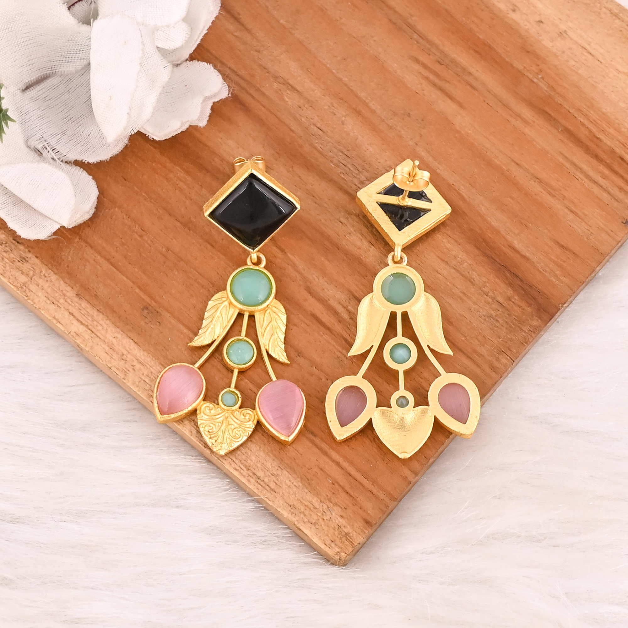 Elegant Pink Cats Eye  Black Onyx  Aqua Chalcedony Gemstone Earrings Gold Plated Brass Fashion Jewelry for Women