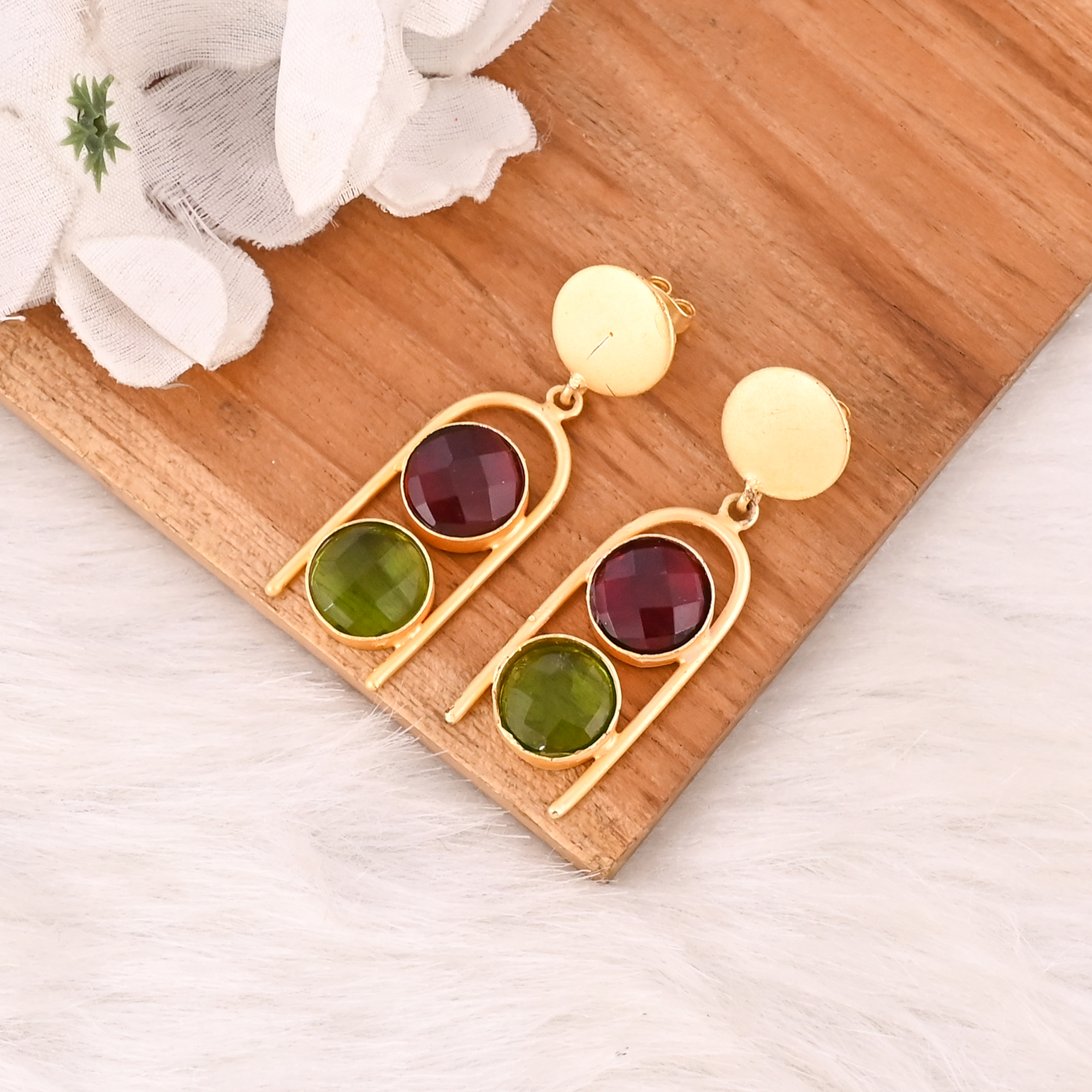 Elegant Pink Tourmaline Hydro  Peridot Hydro Gemstone Brass Earring Handmade Fashion Jewelry for Women Gift