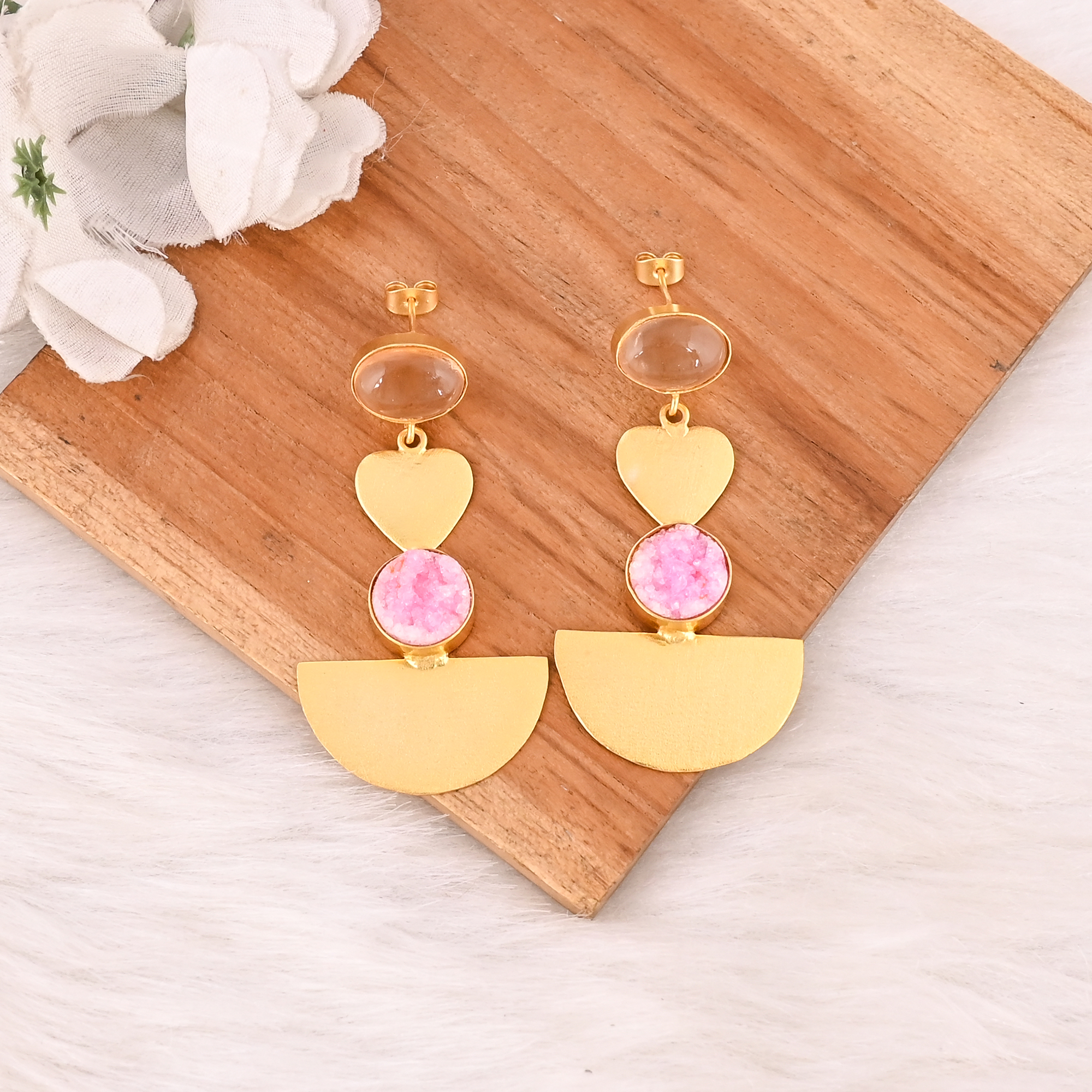 Elegant Champagne Quartz Hydro  Pink Druzy Brass Earrings Handmade Gemstone Jewelry for Women