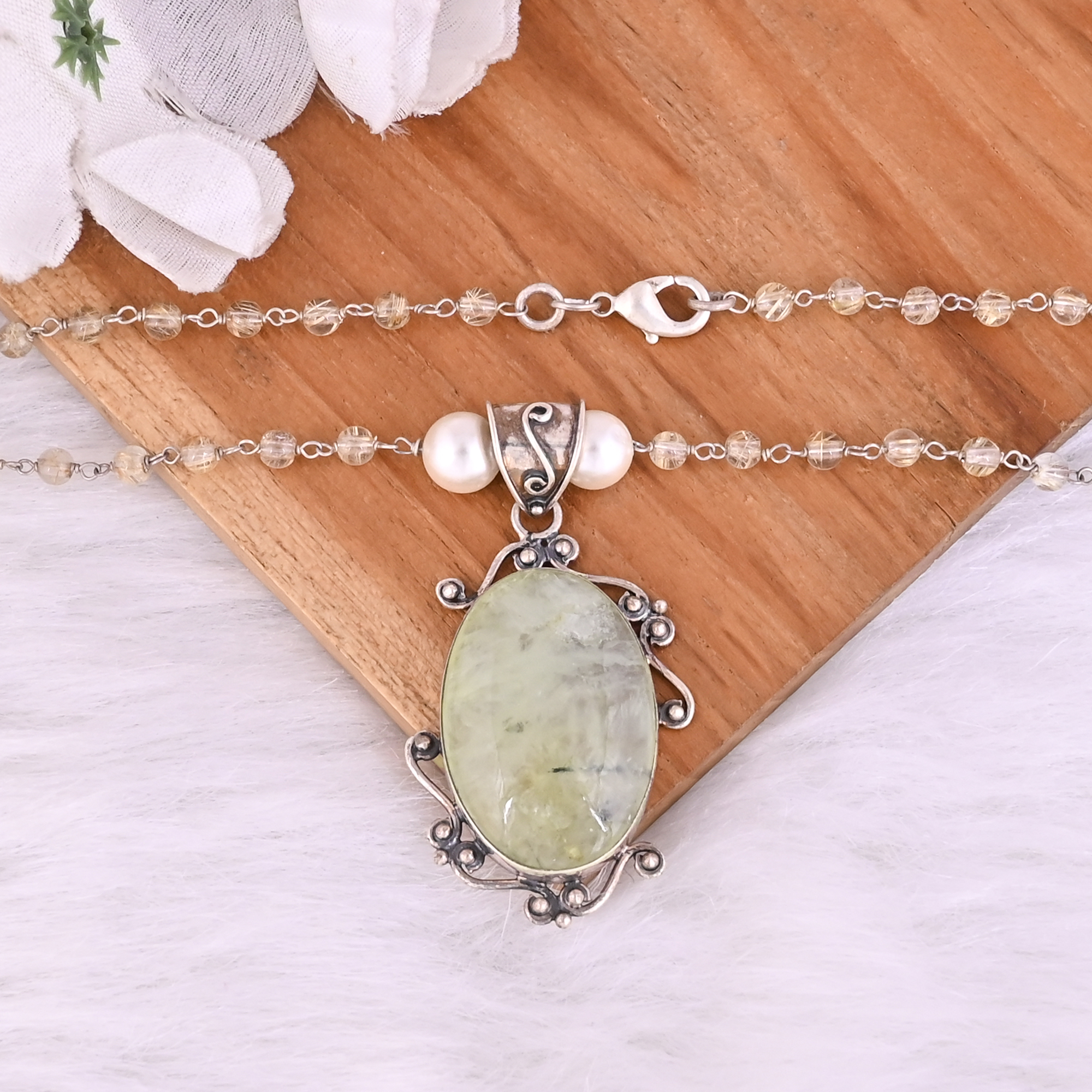 Pearl Golden Rutile Prehnite Gemstone 925 Sterling Silver Pendant Chain Necklace