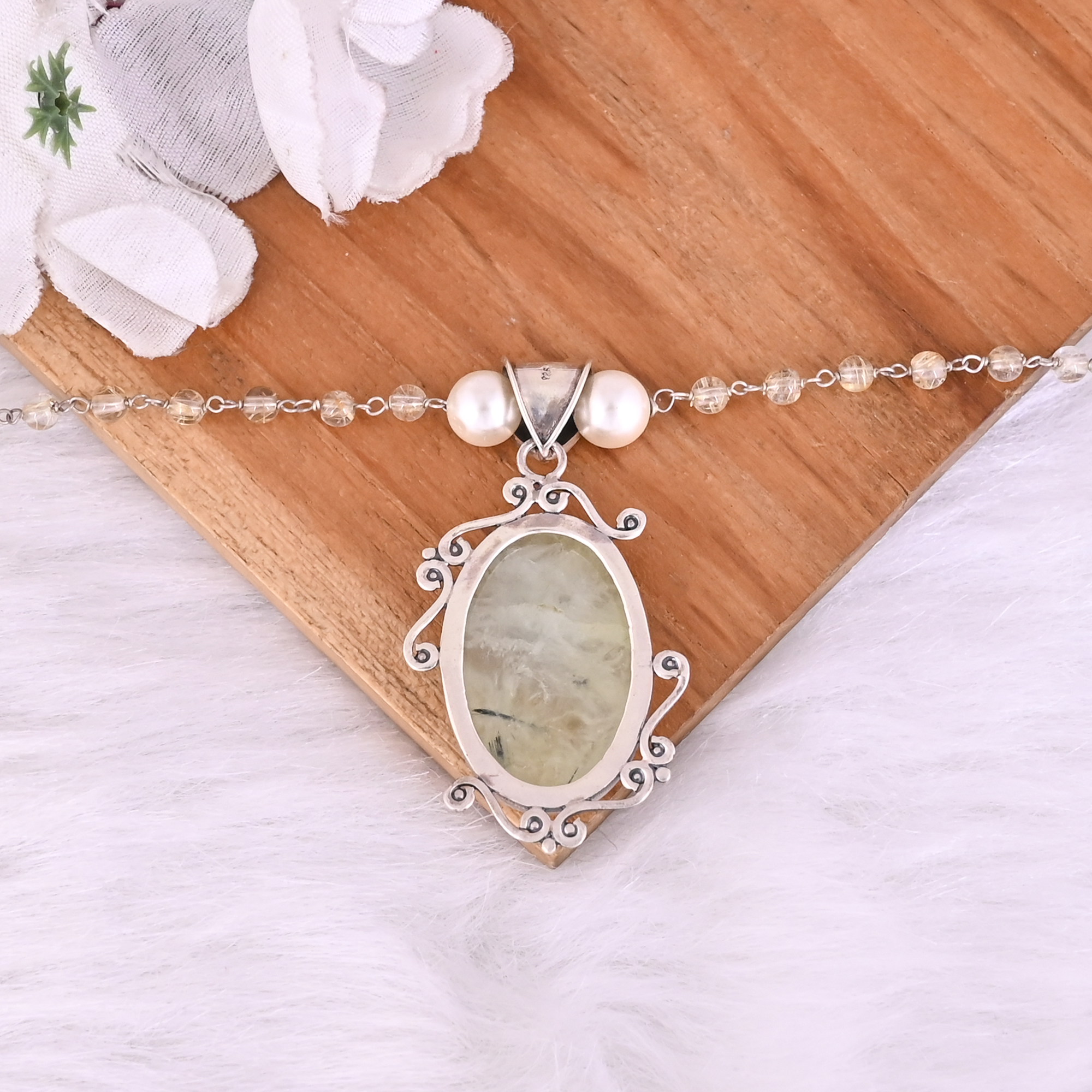 Pearl Golden Rutile Prehnite Gemstone 925 Sterling Silver Pendant Chain Necklace