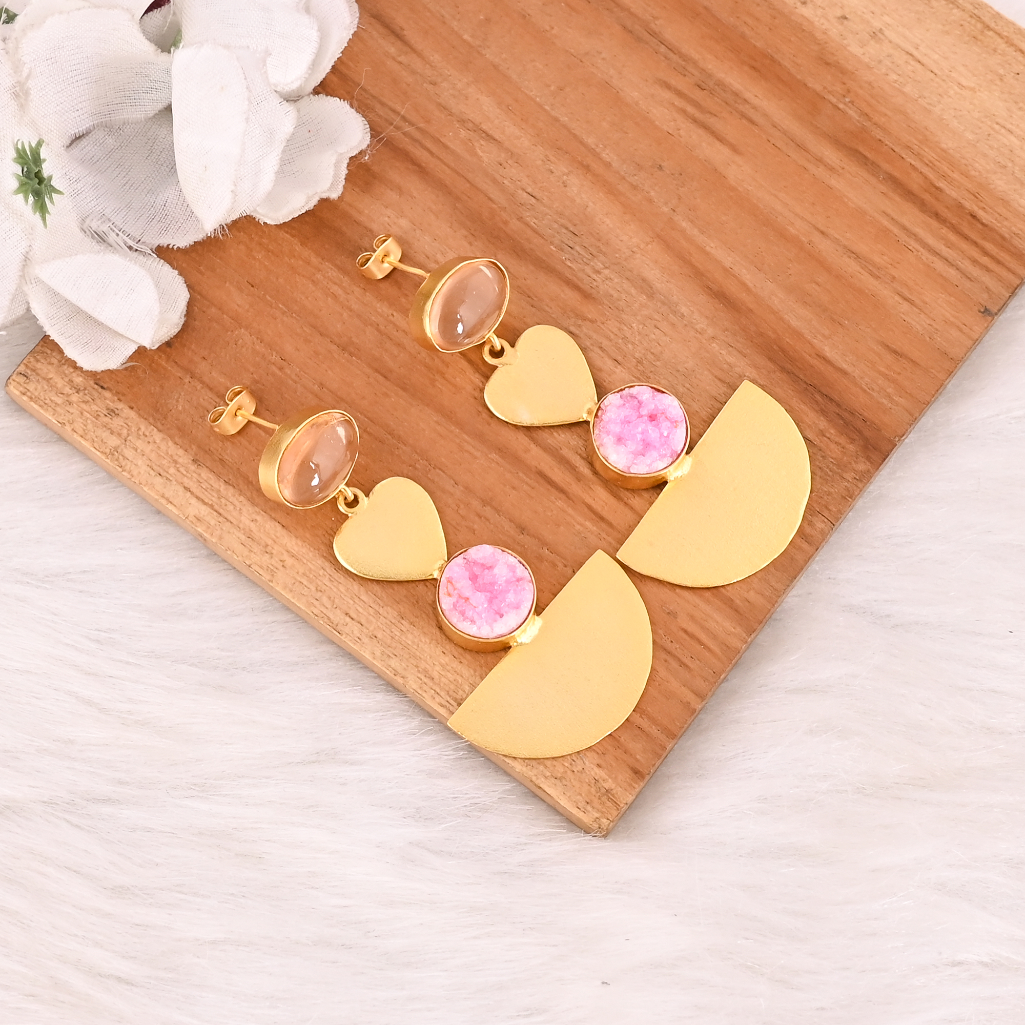 Elegant Champagne Quartz Hydro  Pink Druzy Brass Earrings Handmade Gemstone Jewelry for Women