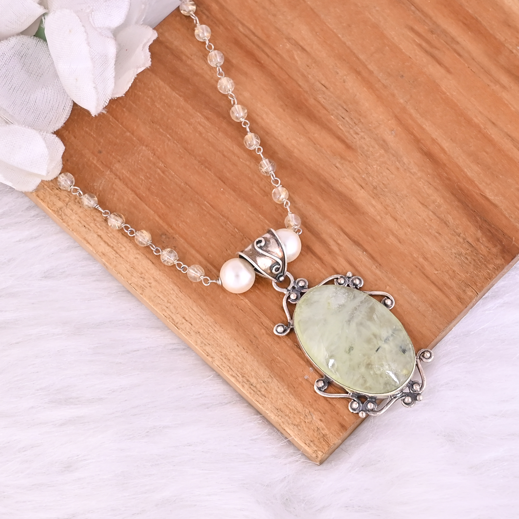 Pearl Golden Rutile Prehnite Gemstone 925 Sterling Silver Pendant Chain Necklace