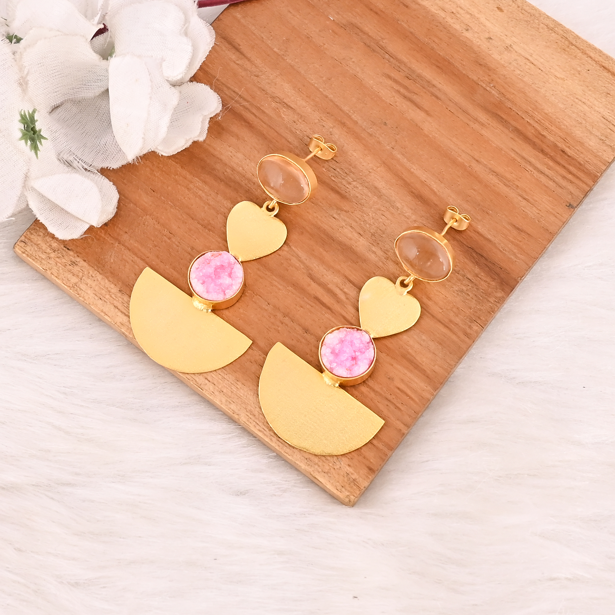Elegant Champagne Quartz Hydro  Pink Druzy Brass Earrings Handmade Gemstone Jewelry for Women