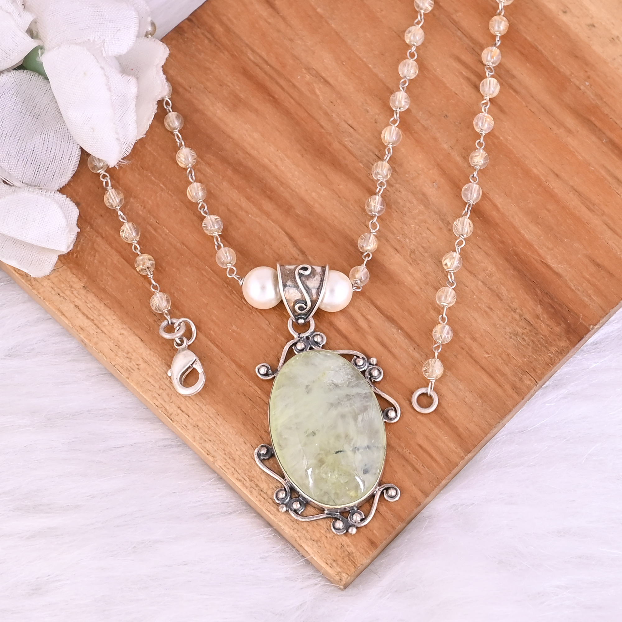 Pearl Golden Rutile Prehnite Gemstone 925 Sterling Silver Pendant Chain Necklace