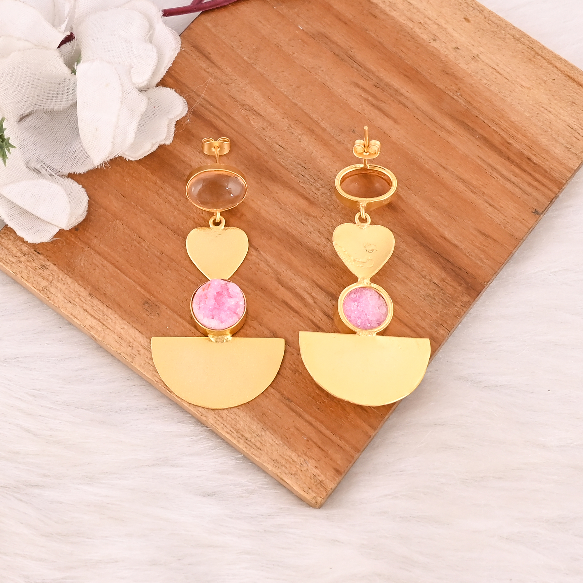 Elegant Champagne Quartz Hydro  Pink Druzy Brass Earrings Handmade Gemstone Jewelry for Women