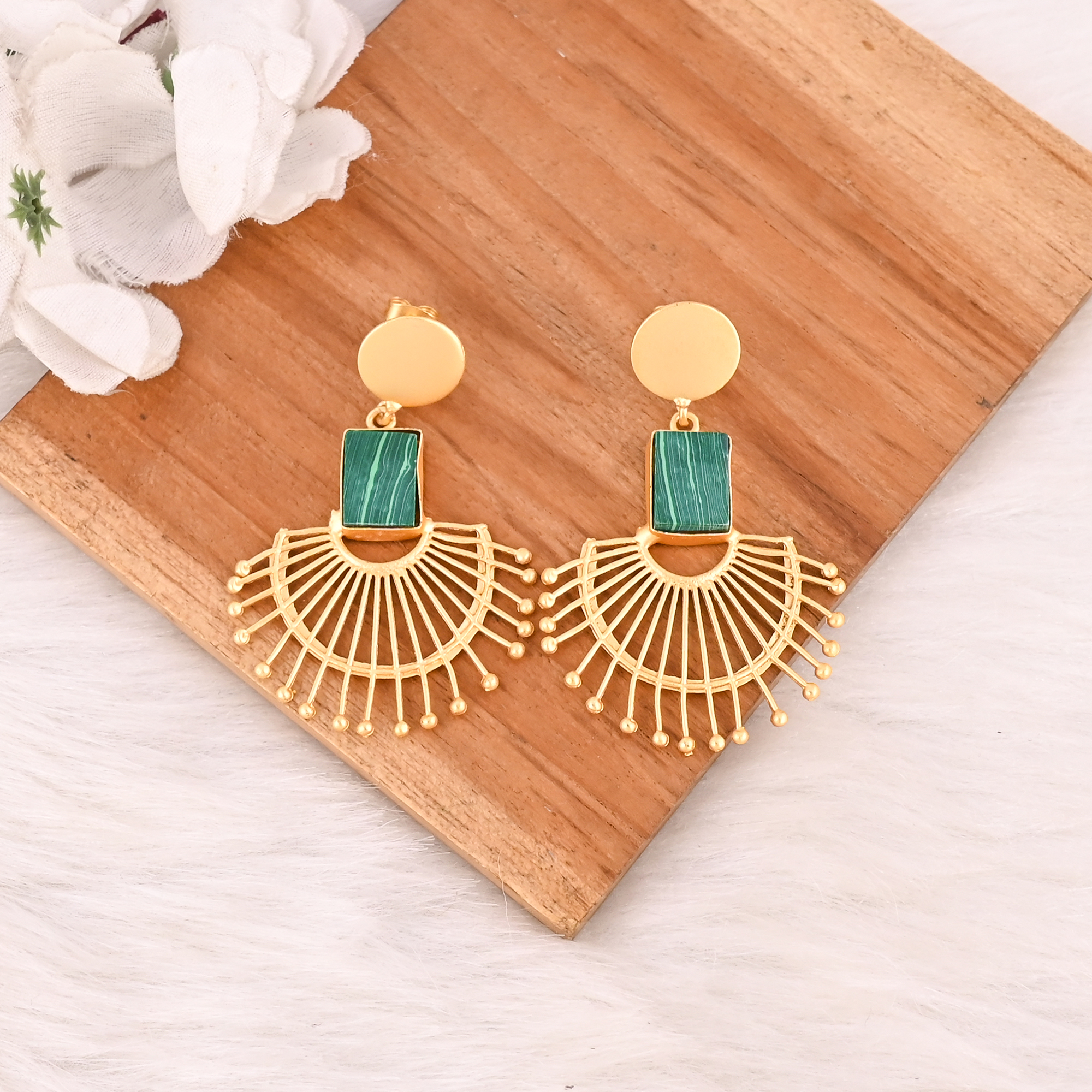 Handmade Natural Malachite Gemstone Gold Plated Brass Drop Earrings Fashion Jewelry for Women