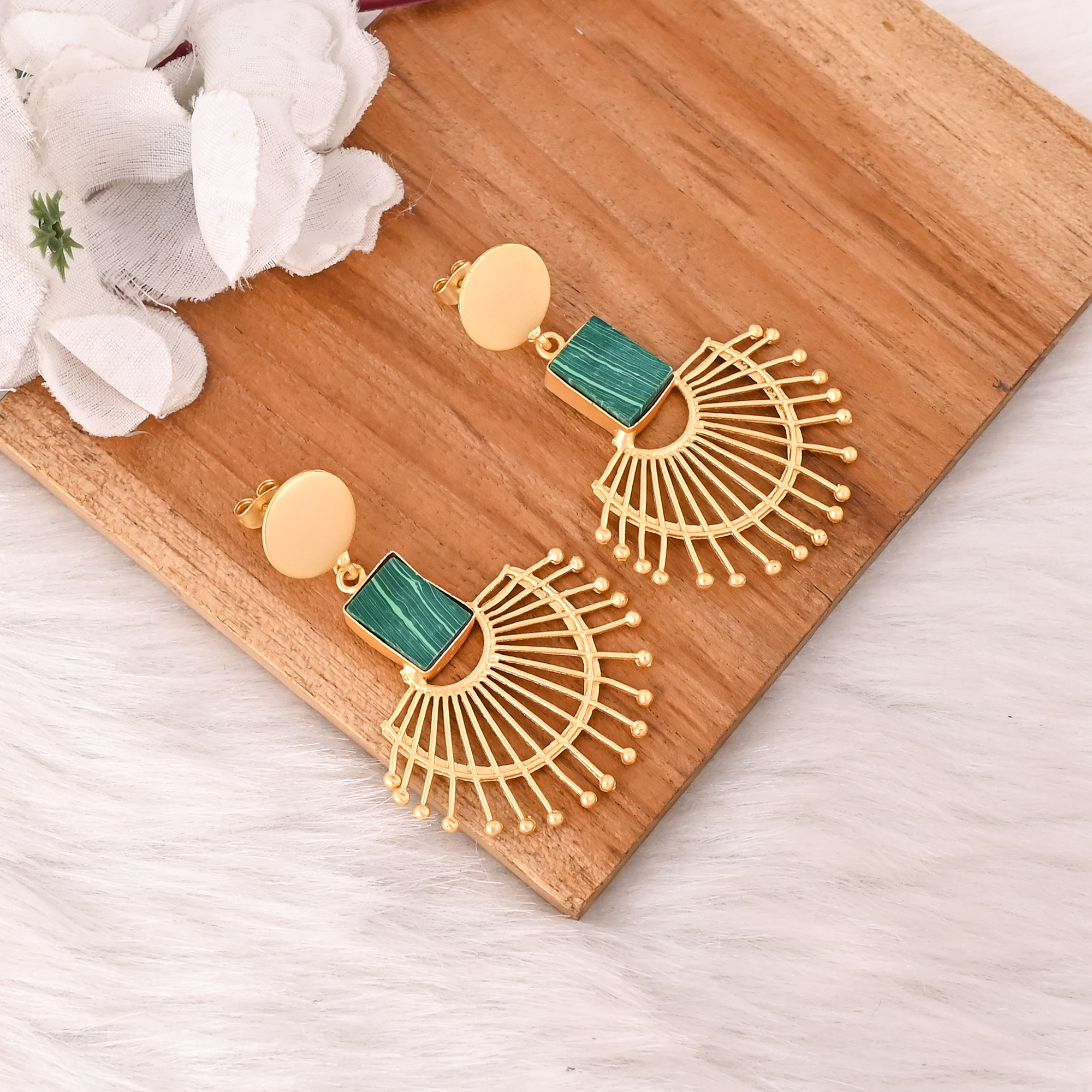 Handmade Natural Malachite Gemstone Gold Plated Brass Drop Earrings Fashion Jewelry for Women