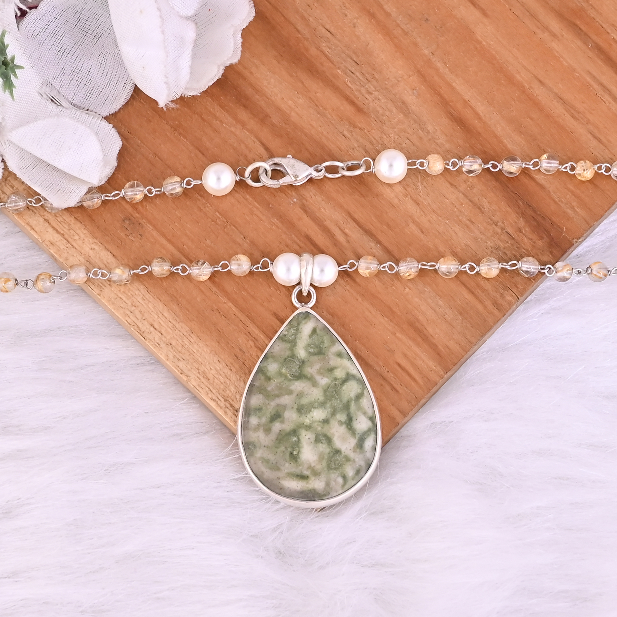 Pearl Jasper Golden Rutile Gemstone 925 Sterling Silver Pendant Chain Necklace