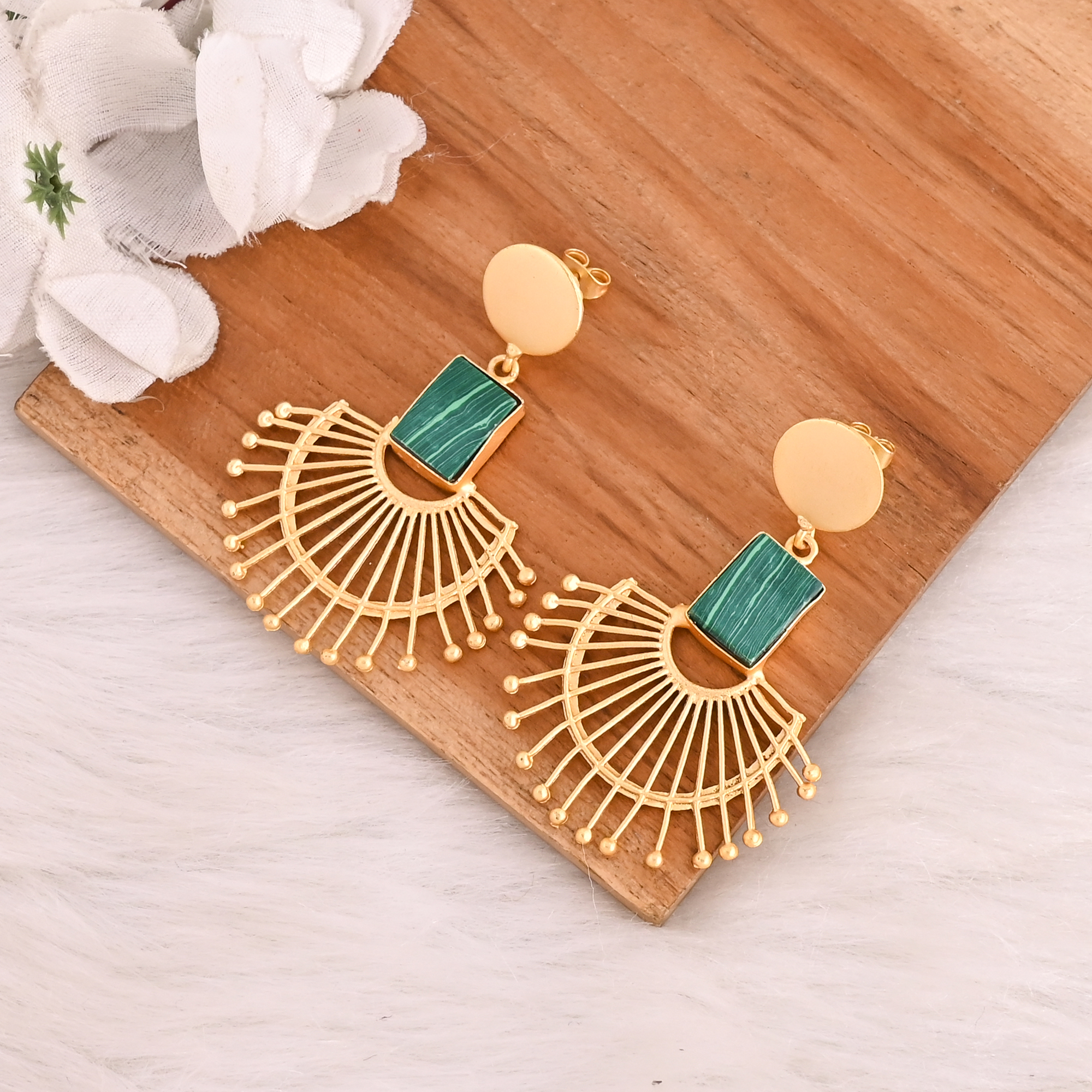 Handmade Natural Malachite Gemstone Gold Plated Brass Drop Earrings Fashion Jewelry for Women