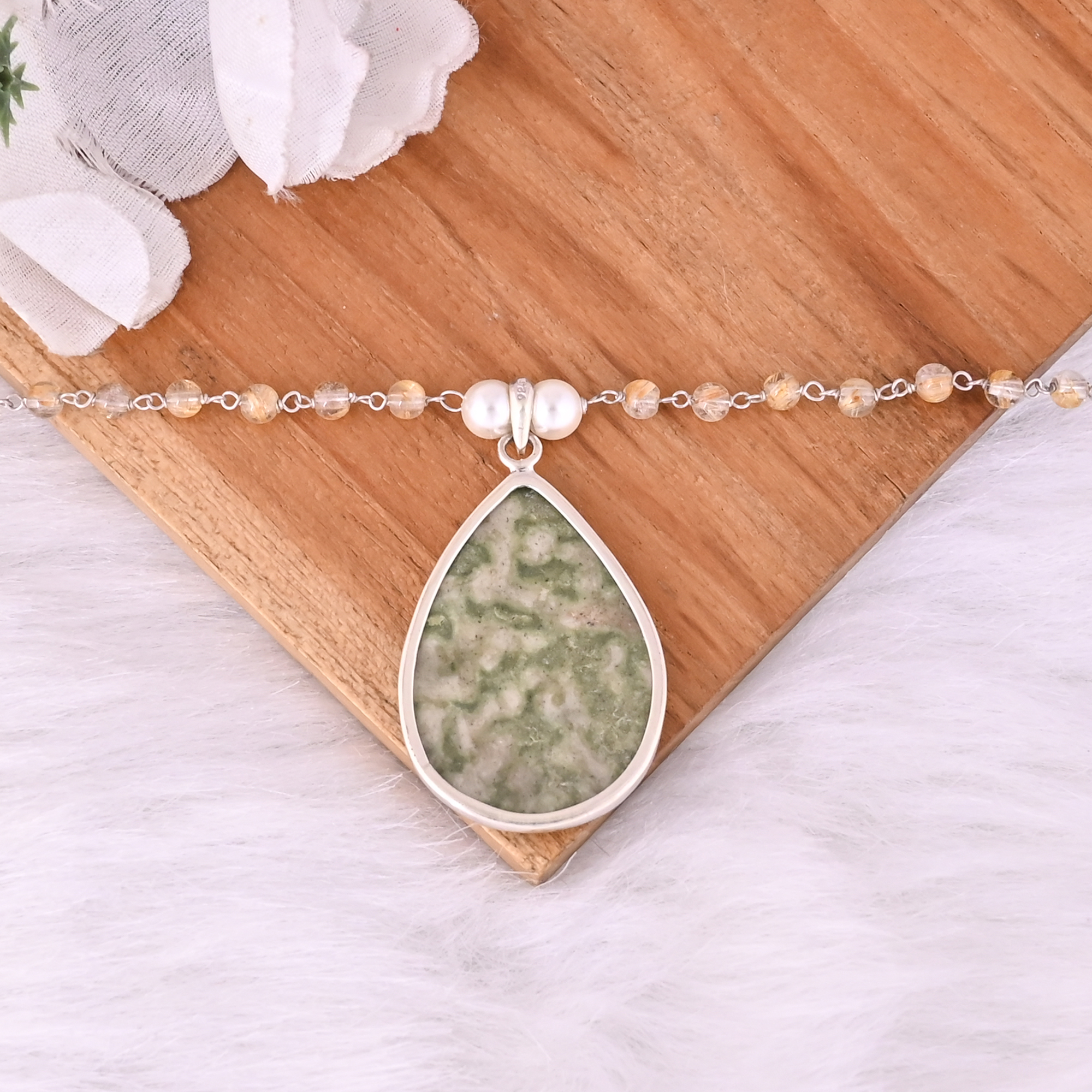 Pearl Jasper Golden Rutile Gemstone 925 Sterling Silver Pendant Chain Necklace