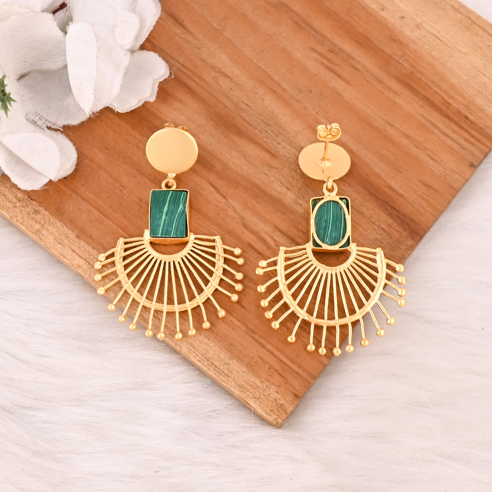 Handmade Natural Malachite Gemstone Gold Plated Brass Drop Earrings Fashion Jewelry for Women