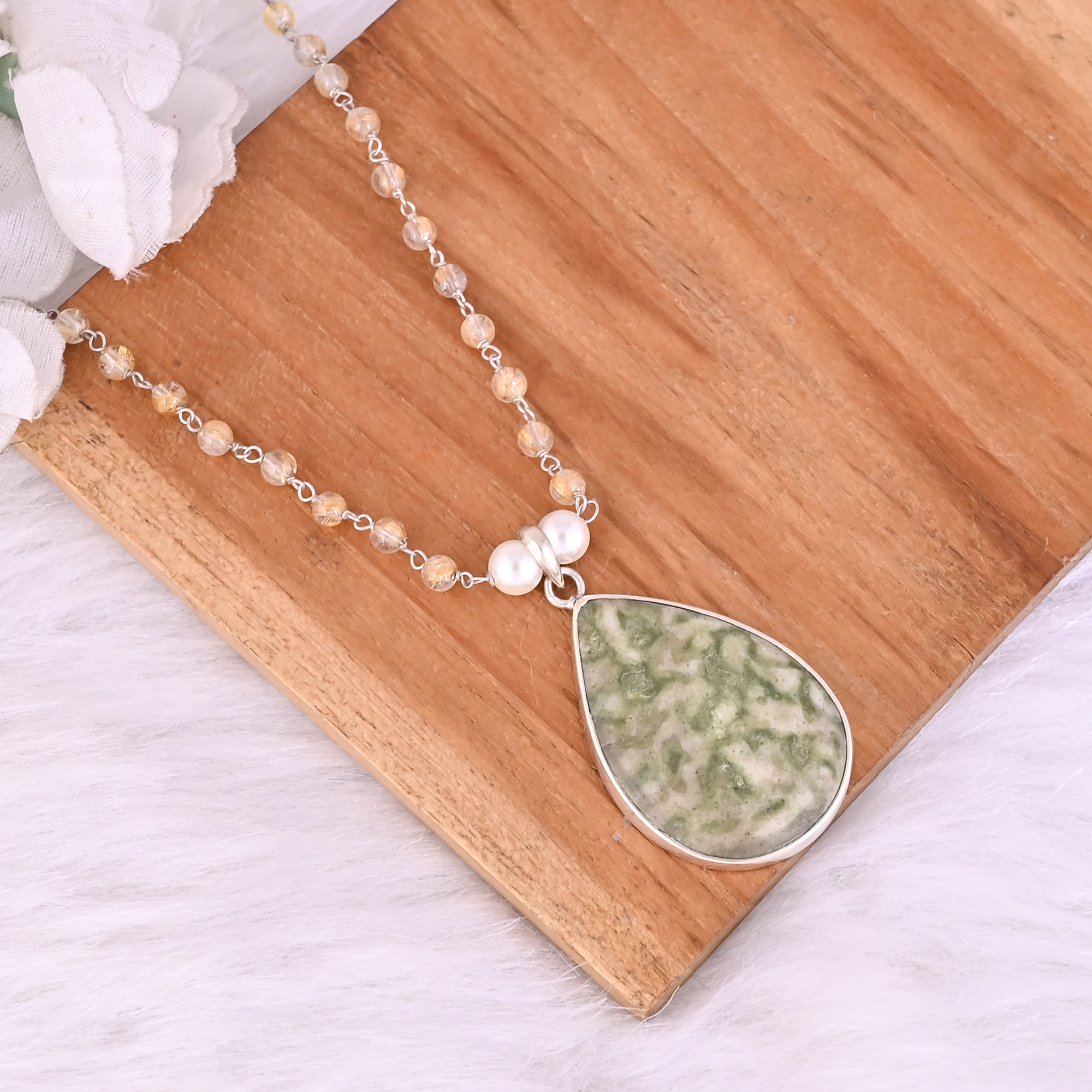 Pearl Jasper Golden Rutile Gemstone 925 Sterling Silver Pendant Chain Necklace
