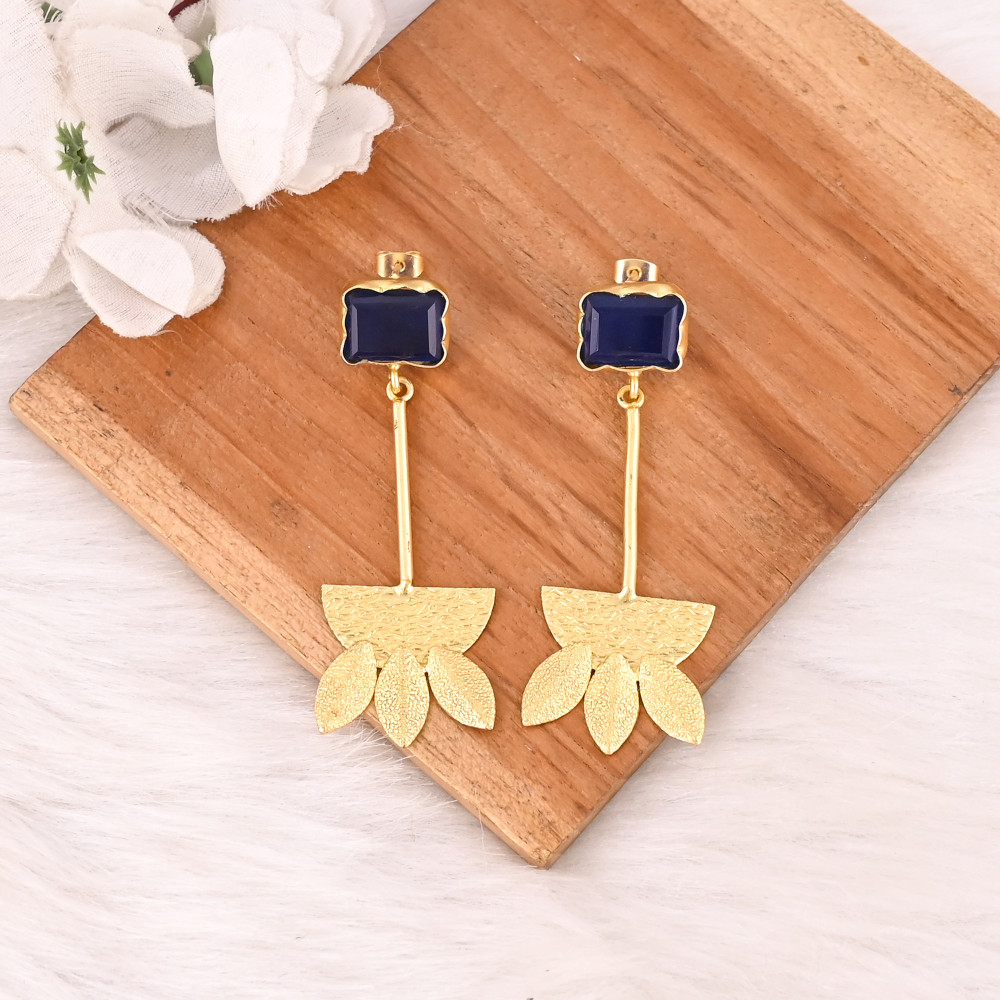Image of Elegant Gold Plated Ink Blue Hydro Gemstone Brass Earring Handmade Fashion Jewelry for Women Gift