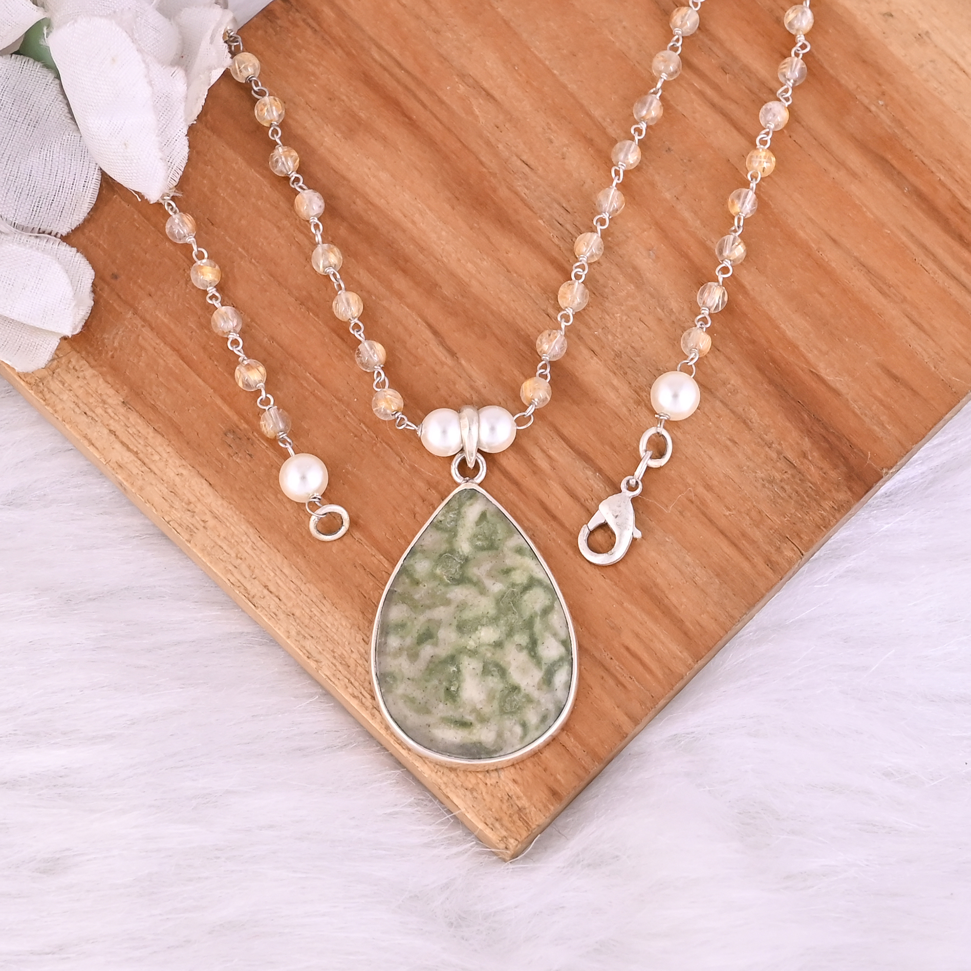 Pearl Jasper Golden Rutile Gemstone 925 Sterling Silver Pendant Chain Necklace