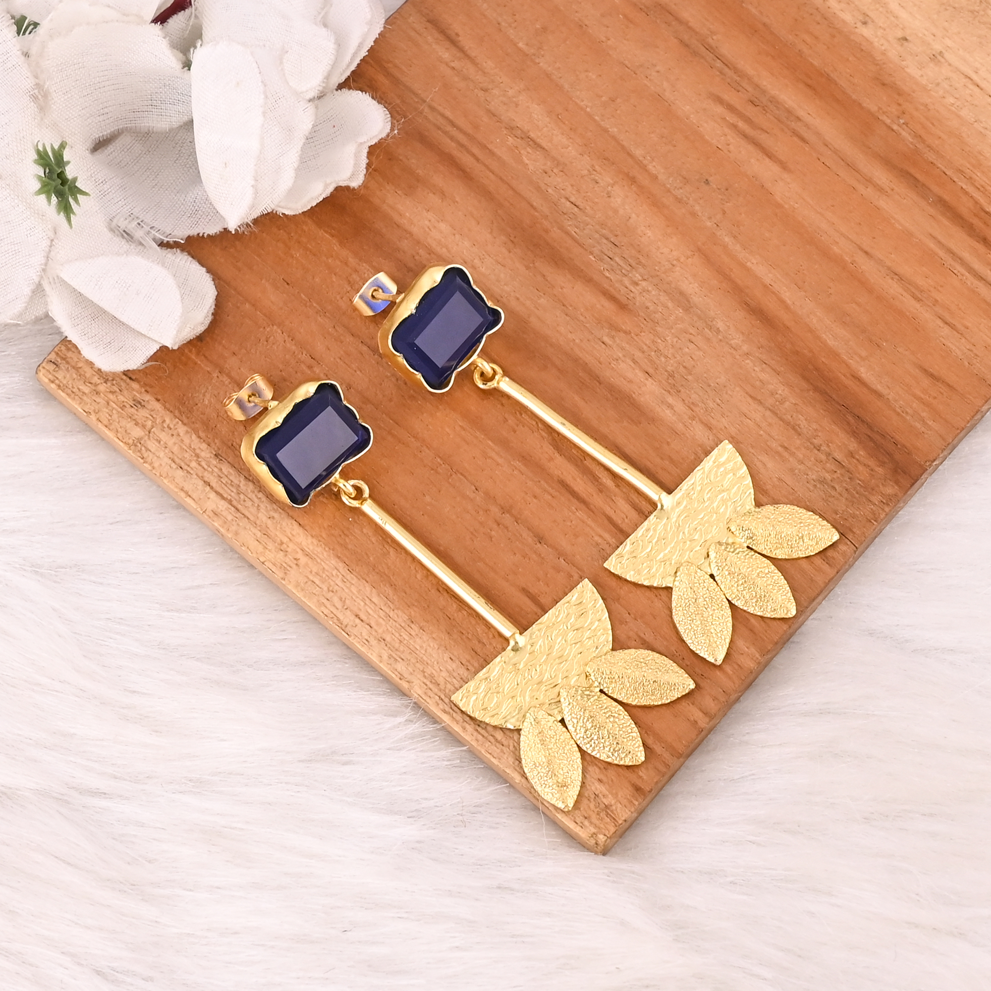 Elegant Gold Plated Ink Blue Hydro Gemstone Brass Earring Handmade Fashion Jewelry for Women Gift