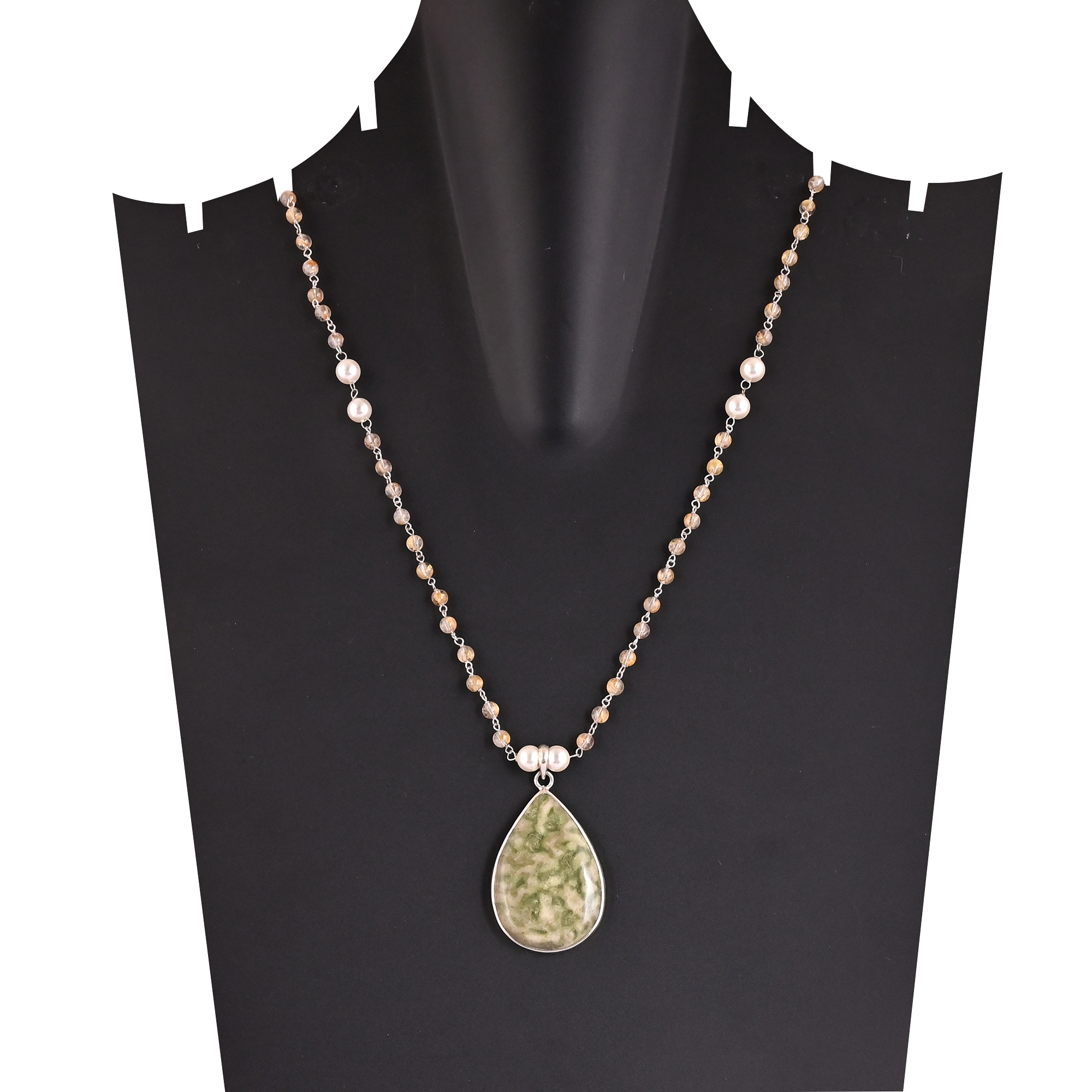 Pearl Jasper Golden Rutile Gemstone 925 Sterling Silver Pendant Chain Necklace