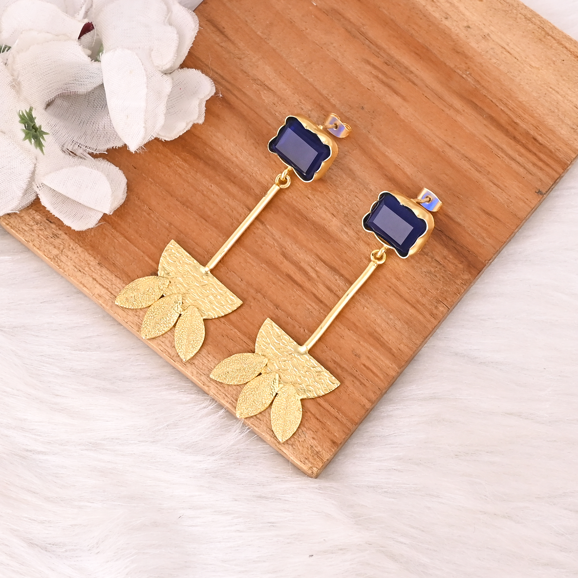Elegant Gold Plated Ink Blue Hydro Gemstone Brass Earring Handmade Fashion Jewelry for Women Gift