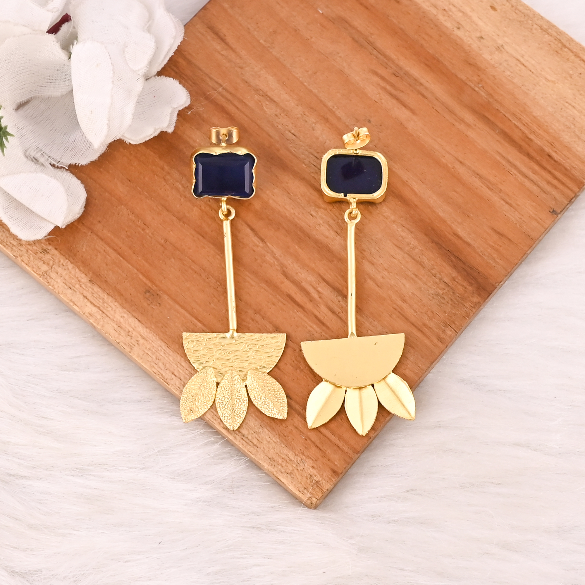 Elegant Gold Plated Ink Blue Hydro Gemstone Brass Earring Handmade Fashion Jewelry for Women Gift