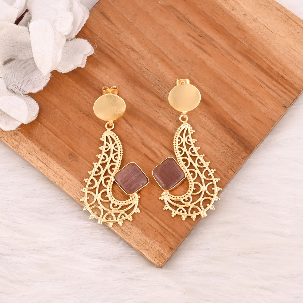 Image of Elegant Pink Cat's Eye Gemstone Bezel Set Earrings Gold Plated Brass Fashion Jewelry for Women