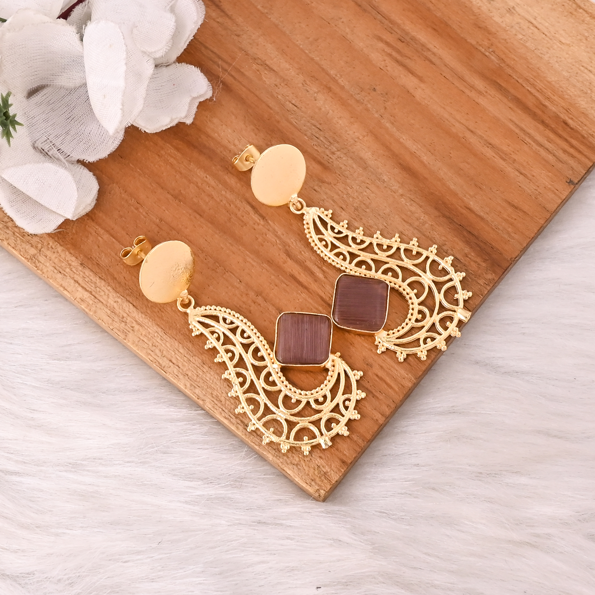 Elegant Pink Cats Eye Gemstone Bezel Set Earrings Gold Plated Brass Fashion Jewelry for Women
