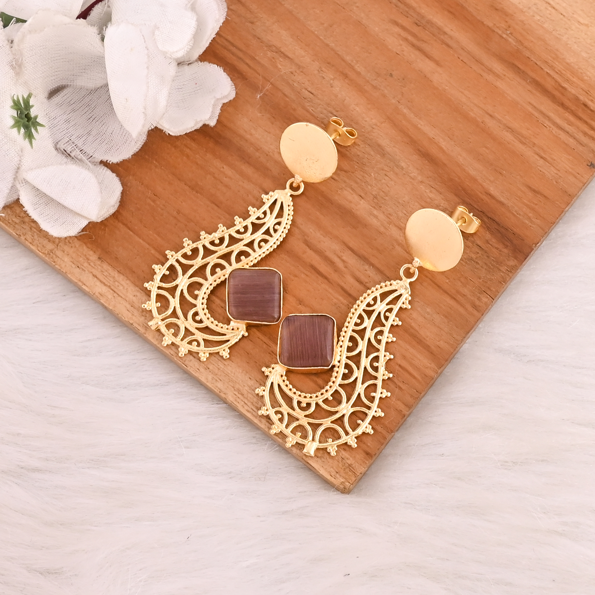 Elegant Pink Cats Eye Gemstone Bezel Set Earrings Gold Plated Brass Fashion Jewelry for Women