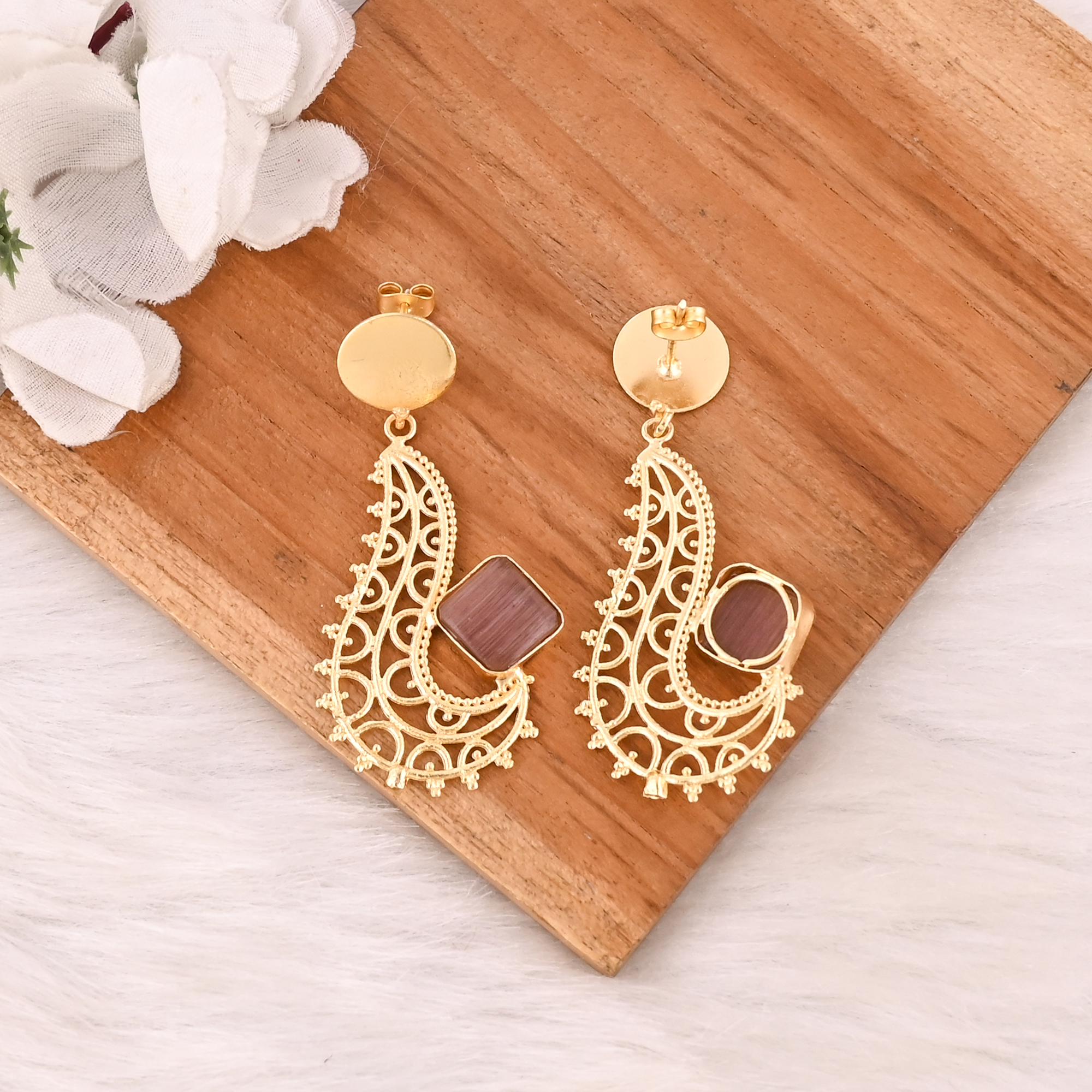 Elegant Pink Cats Eye Gemstone Bezel Set Earrings Gold Plated Brass Fashion Jewelry for Women