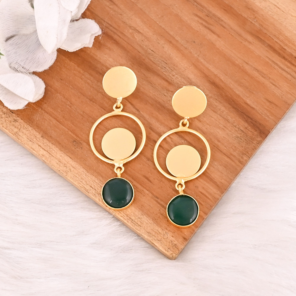 Image of Stylish Elegant Natural Green Onyx Gemstone Gold Plated Brass Drop Earrings for Women