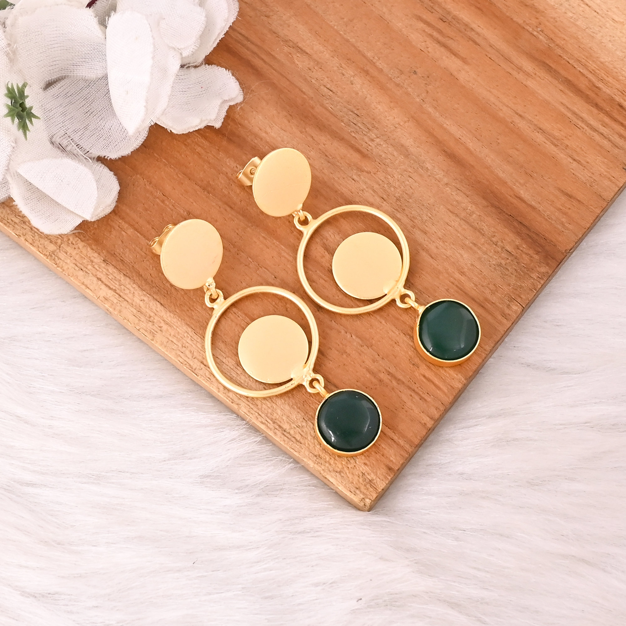 Stylish Elegant Natural Green Onyx Gemstone Gold Plated Brass Drop Earrings for Women
