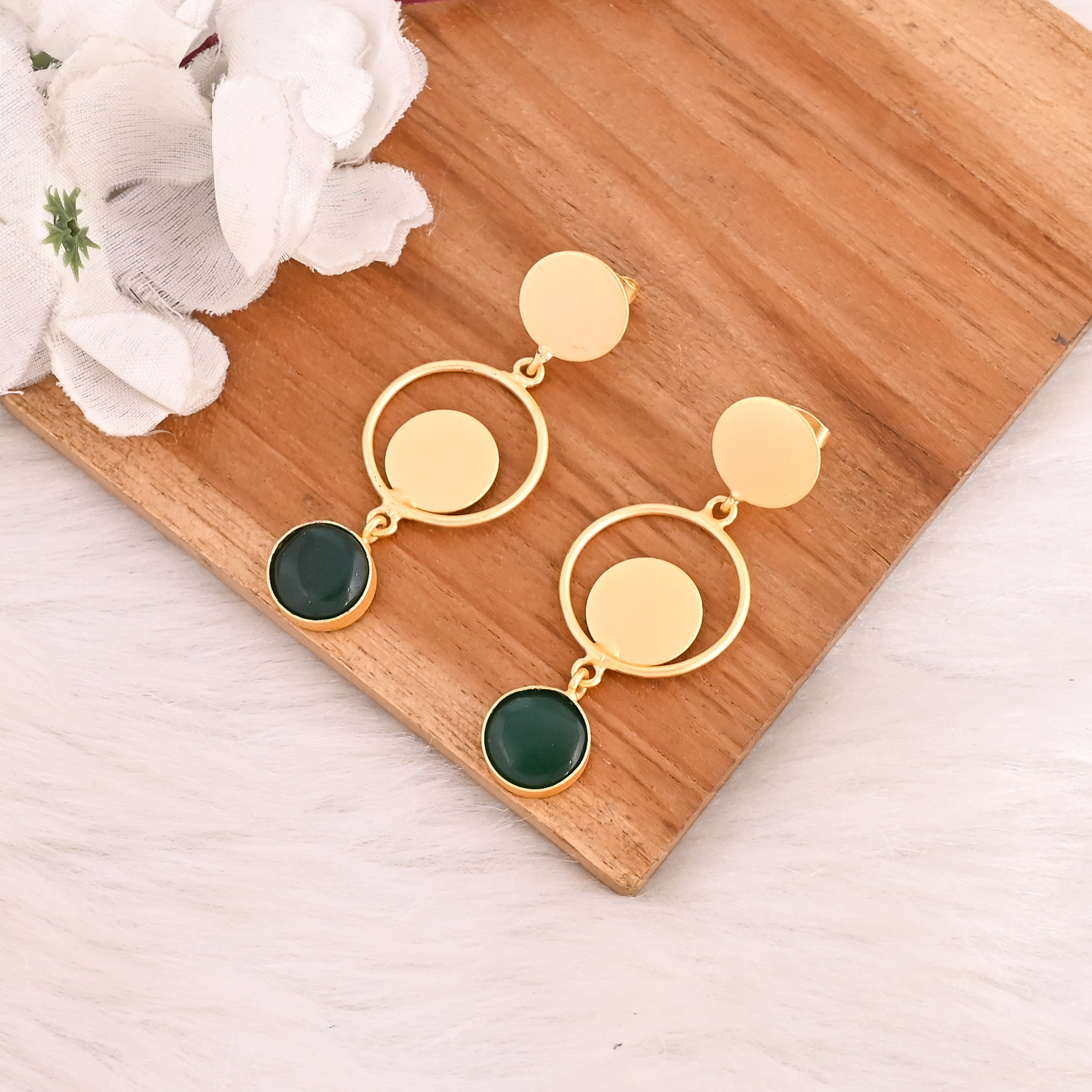 Stylish Elegant Natural Green Onyx Gemstone Gold Plated Brass Drop Earrings for Women