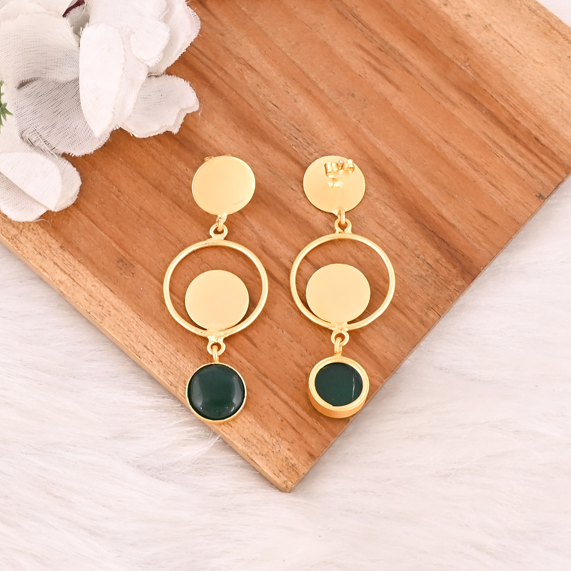 Stylish Elegant Natural Green Onyx Gemstone Gold Plated Brass Drop Earrings for Women