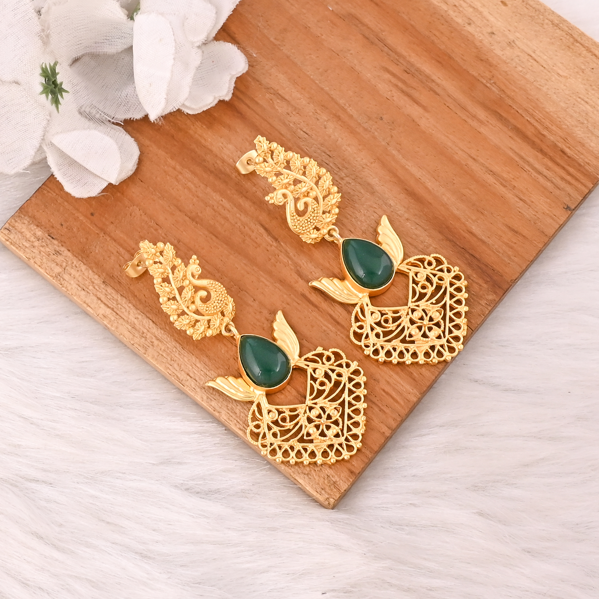 Stylish Elegant Natural Green Onyx Gemstone Drop Earrings For Women