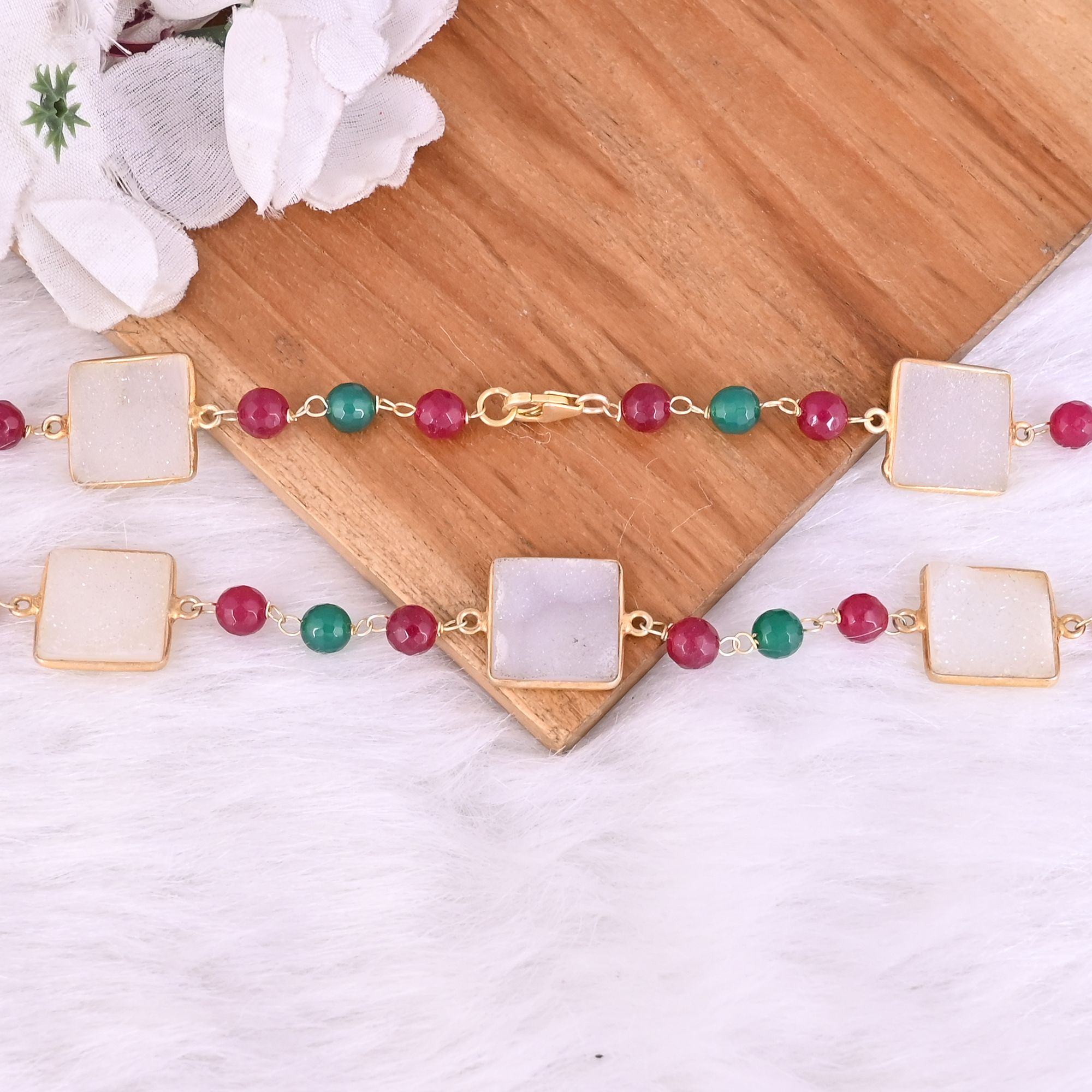 White Druzy Green Onyx Fuchsia Chalcedony Beaded Chain Necklace