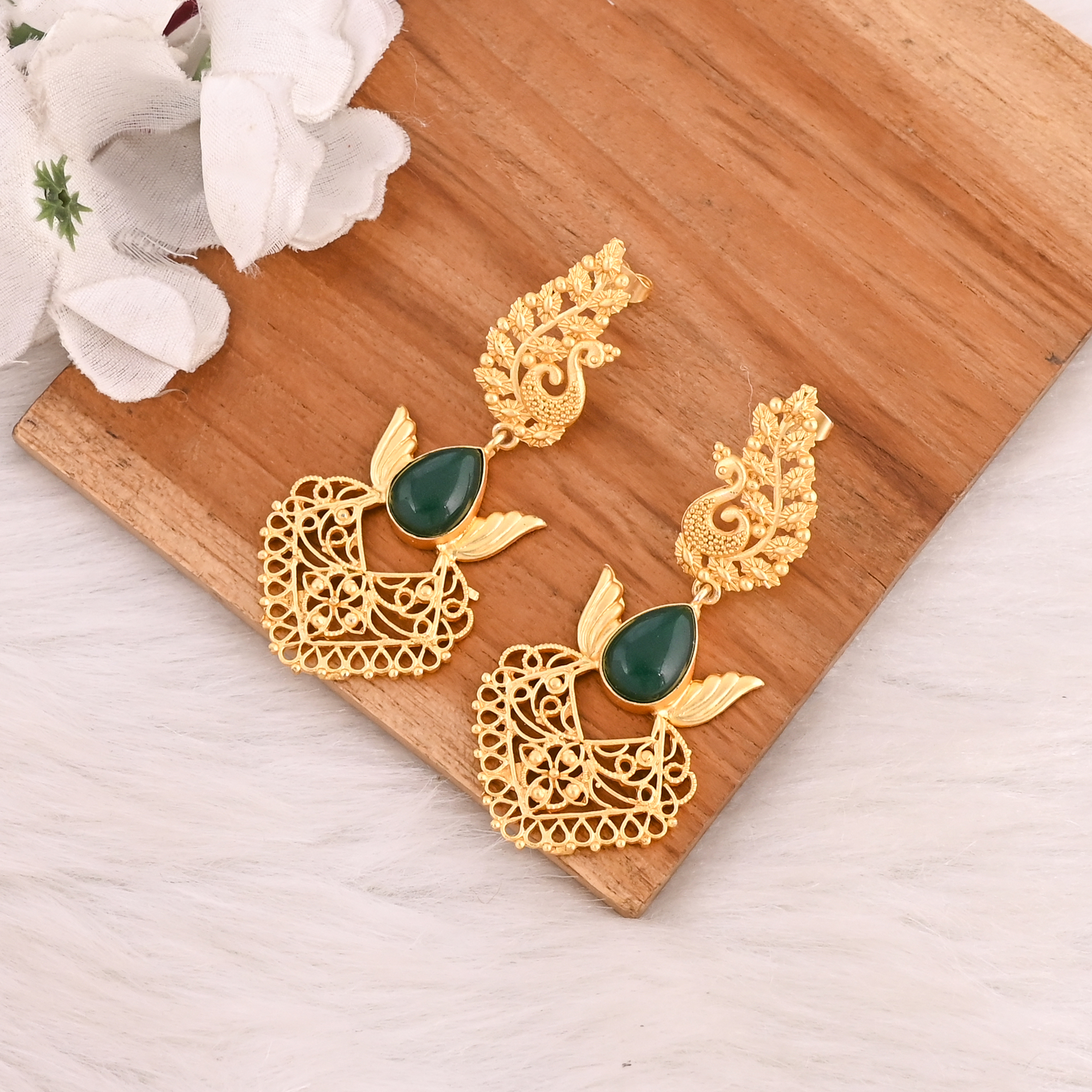 Stylish Elegant Natural Green Onyx Gemstone Drop Earrings For Women