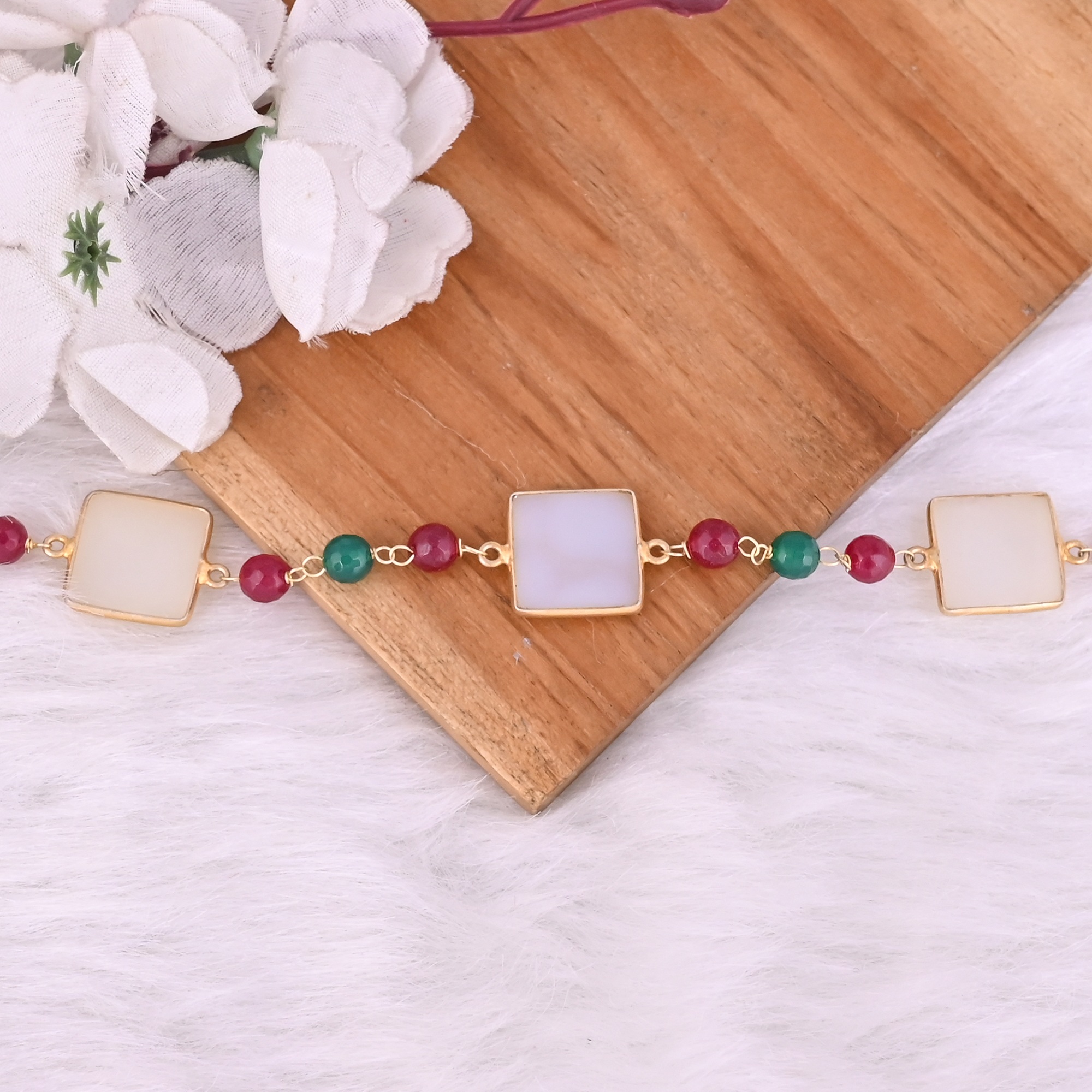 White Druzy Green Onyx Fuchsia Chalcedony Beaded Chain Necklace